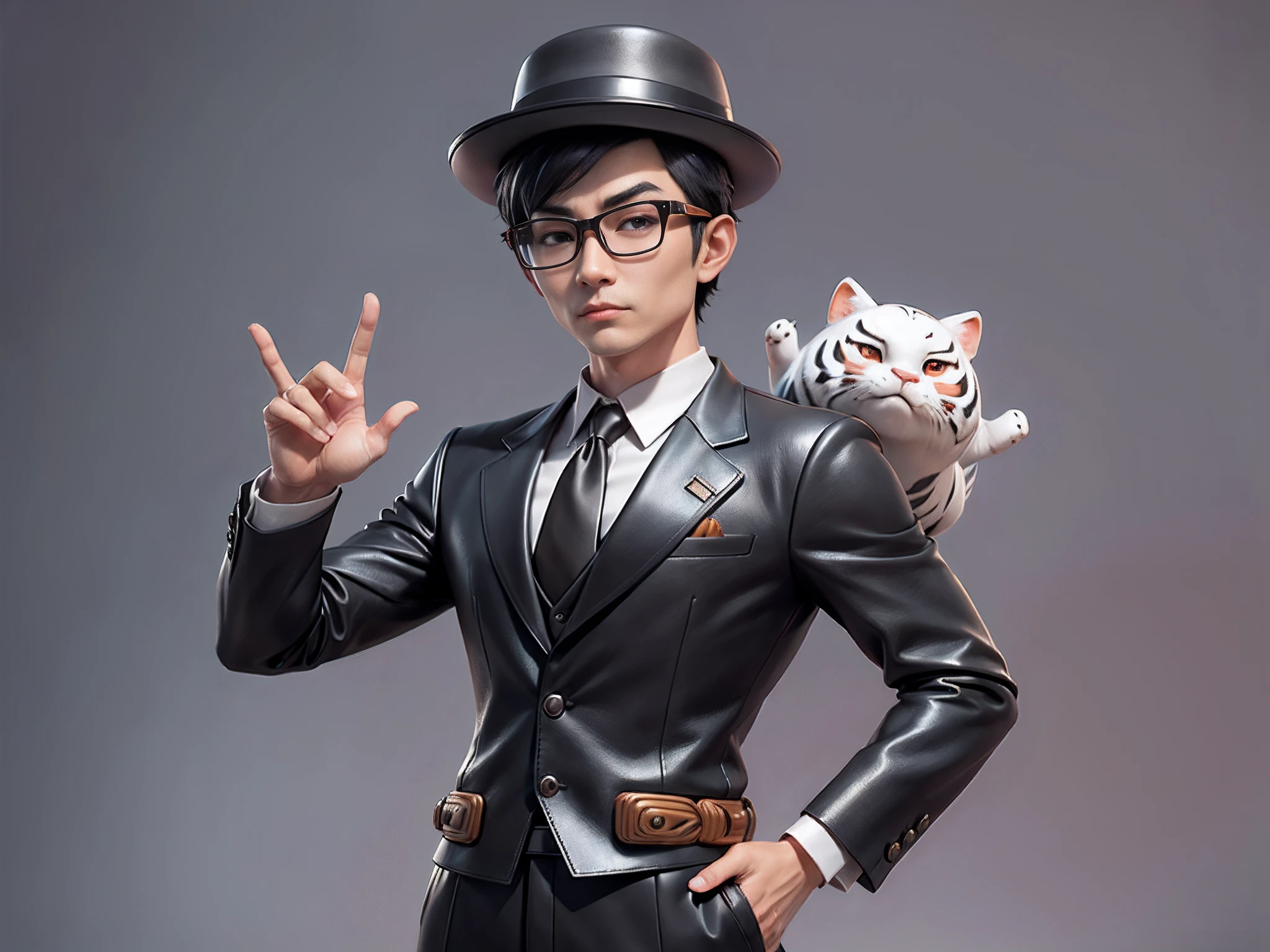 Young man with oriental face in leather hat, tiger, oriental face in formal suit, short black hair, silver glasses, digital painting, 3D character design by Mark Clairedon and Pixar and Hayao Miyazaki and Akira Toriyama, the illustration is a high-definition illustration in 4K resolution with very detailed facial features and cartoon-style visuals.
