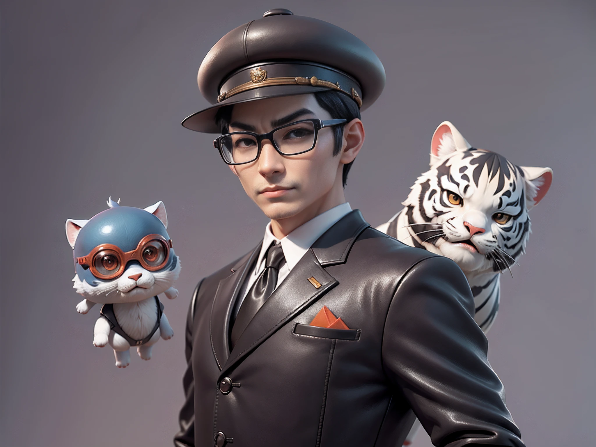 Young man with oriental face in leather hat, tiger, oriental face in formal suit, short black hair, silver glasses, digital painting, 3D character design by Mark Clairedon and Pixar and Hayao Miyazaki and Akira Toriyama, the illustration is a high-definition illustration in 4K resolution with very detailed facial features and cartoon-style visuals.