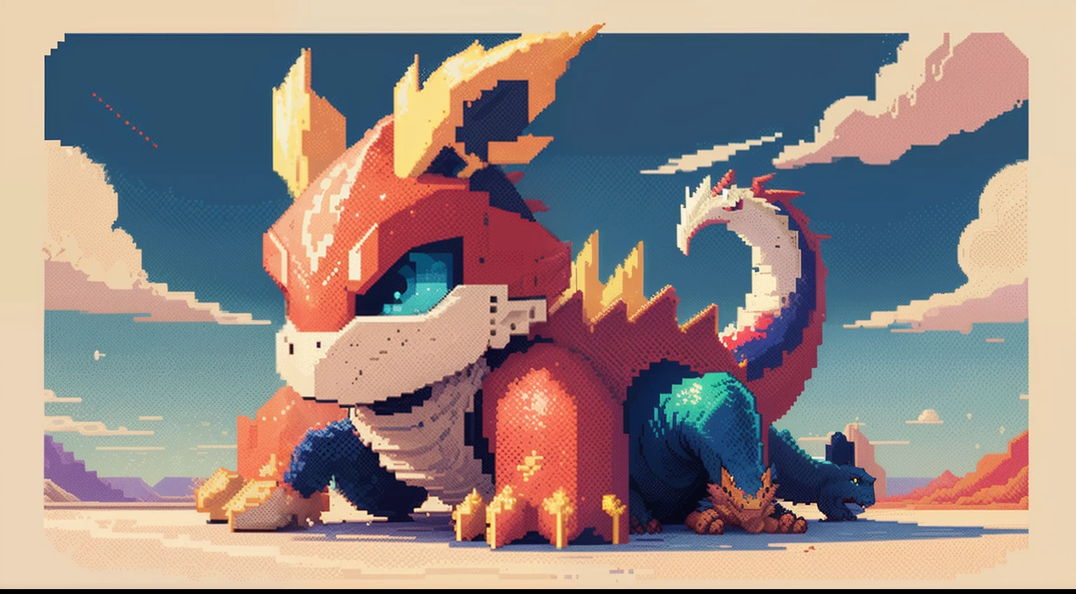 Close-up of pixel image of dragon,Dragons and people，A desert，with blue sky and white clouds，Dragon pixel art, 1 0 0 0 x 1 0 0 0 pixel art, pixel art sprite, videogame sprite, high quality pixel art, Pixel art vintage Digimon bitmap, For red and blue Digimon, Pixel uh, 32-bit pixel art, vintage art, pixel art 8 - bit, pixelart style