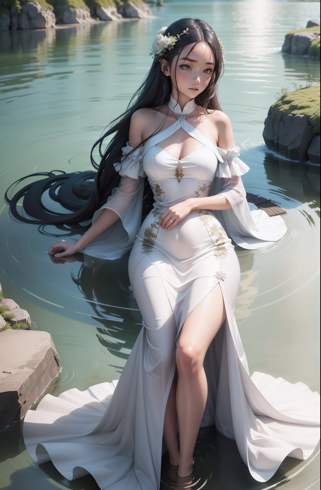 standing in water，An Alafi woman with hair fluttering in the wind, standing in a lake, standing in a pond, standing on water, standing next to water, In a lake, she is walking on a river, Anime girl walking on water, standing in shallow water, in the middle of a lake, photo of slim girl model, within a lake