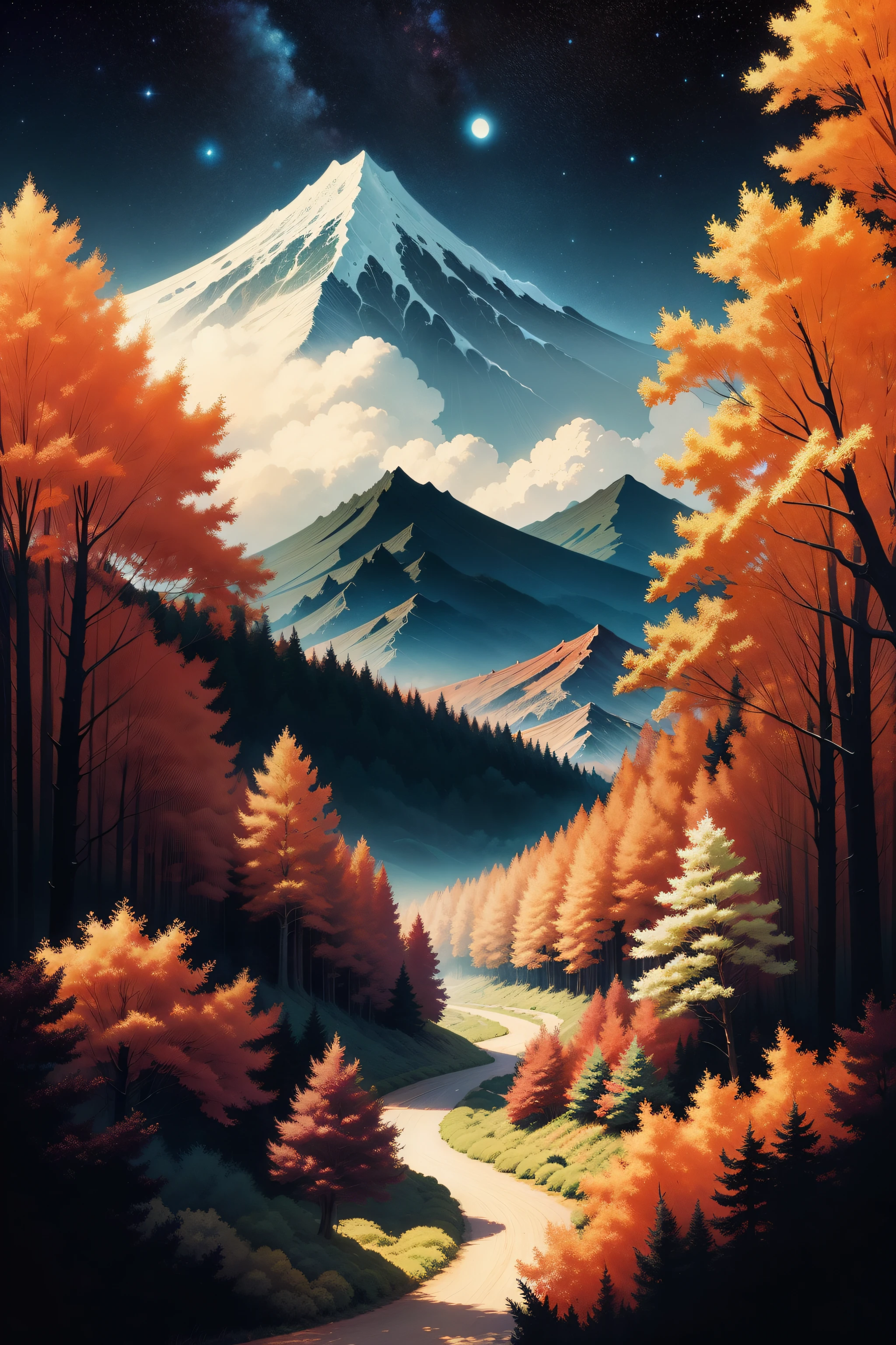 Intricate painting details of Japanese forests, By range Murata, galaxy in background, Clouds, vivd colour, High contrast, Mountain, vector line art, orange highlights, trending in pixiv, anime concept art, Stick, Mattire, high high quality, Edge to edge, Sanskrit