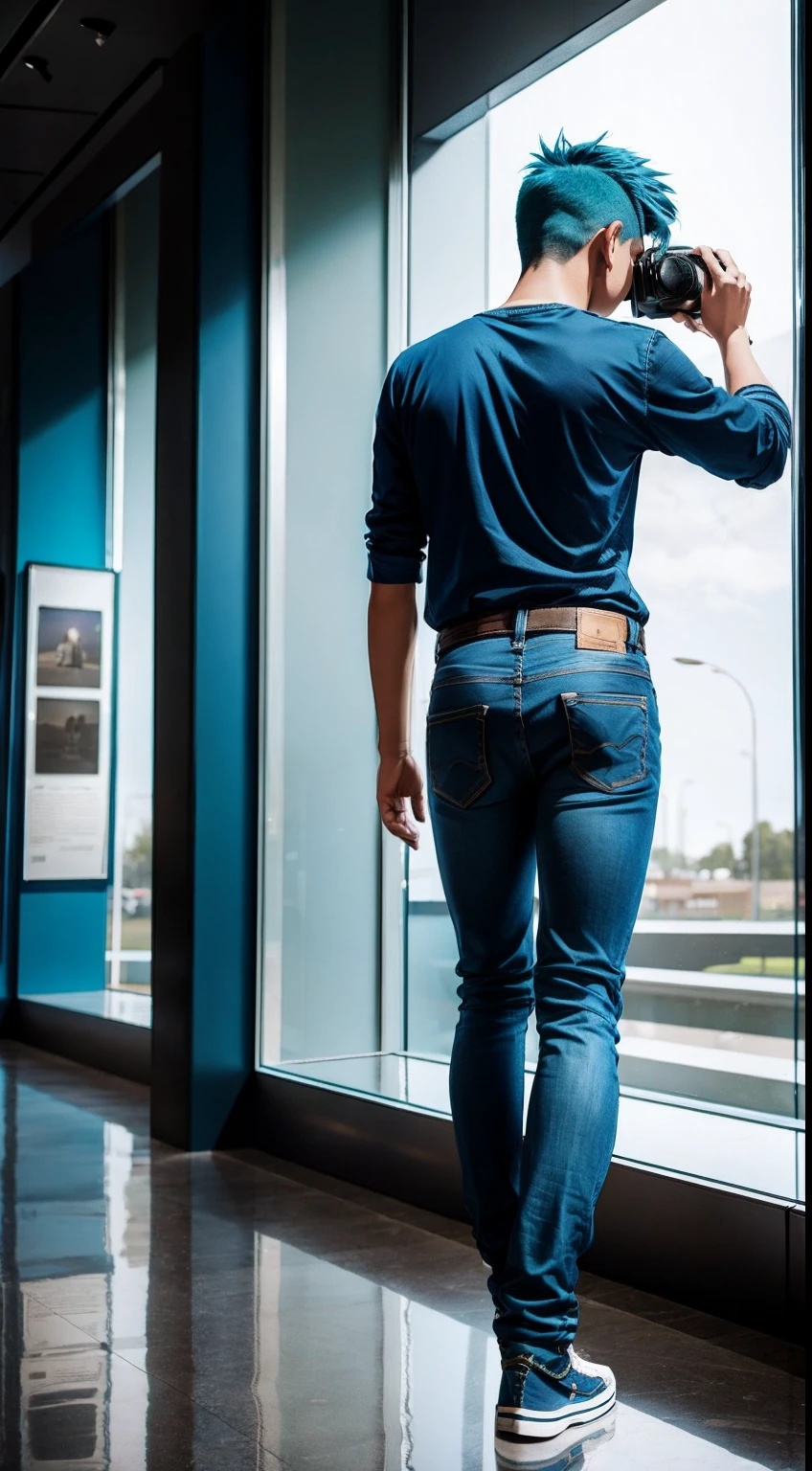 17 year old boy,Blue hair,wear tight jeans,Take photos at the museum,Full body photo of the back