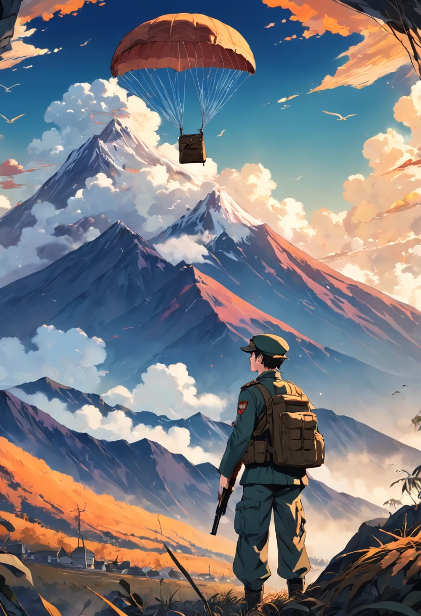 Wall mural style painting of a soldier in the foreground with Don Ramon cap and glasses, Paratroopers falling from planes by parachute, el cielo con un ocaso, atardecer dorado y rojizo, Andean Mountains, paracaidistas cayendo de aviones, the tiny Tungurahua volcano in silhouette in the background. Military with camouflage and Don Ramon hat and glasses, 8K, alta calidad mural en pared, ((Cane wall painting style)).