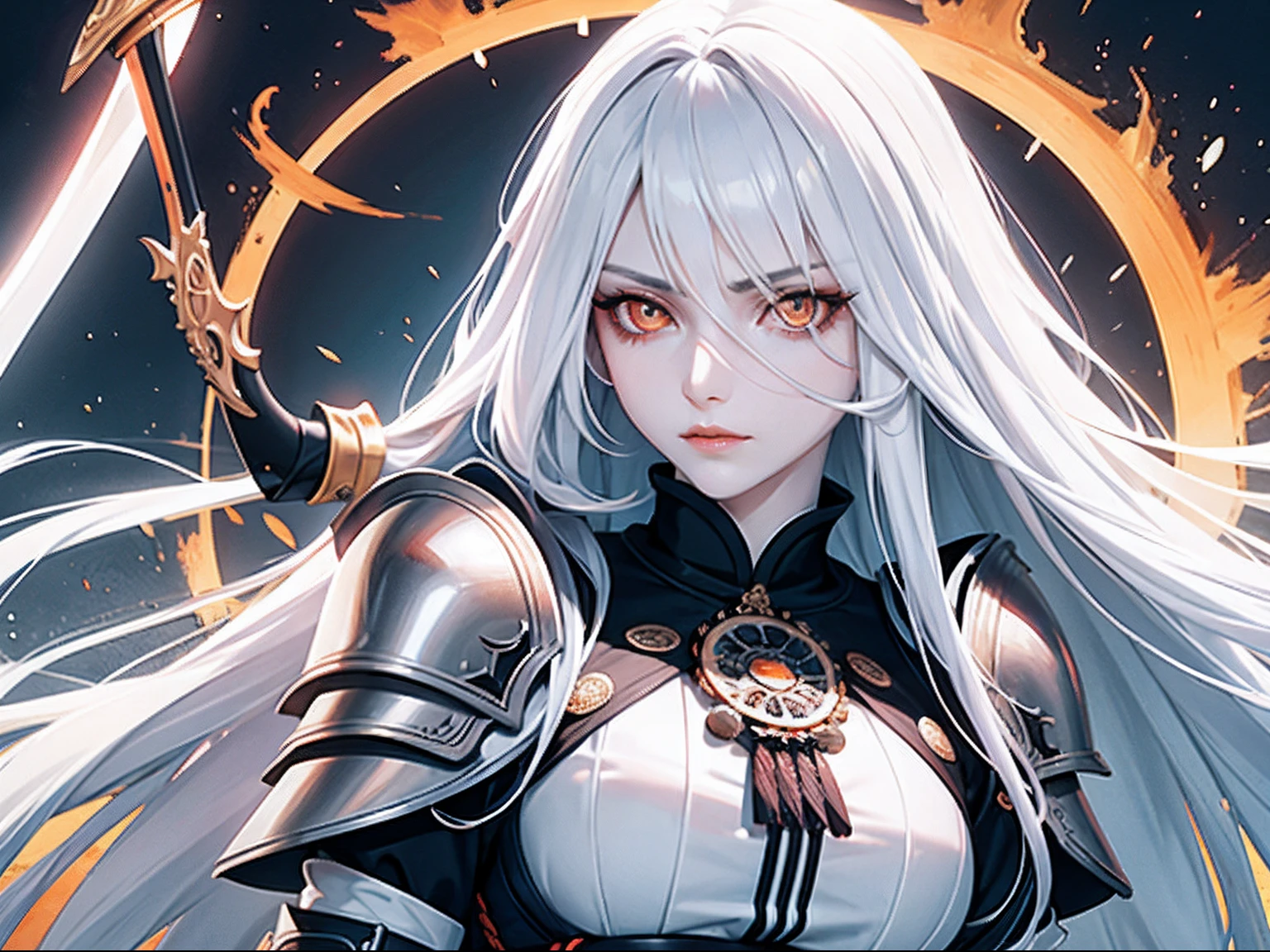 woman with white really long messy beautiful hair, serious eyes, dull eyes, dead inside, orange eyes, beautiful, majestic, evil, poofy lips, cold, with huge sword, wearing samurai armor