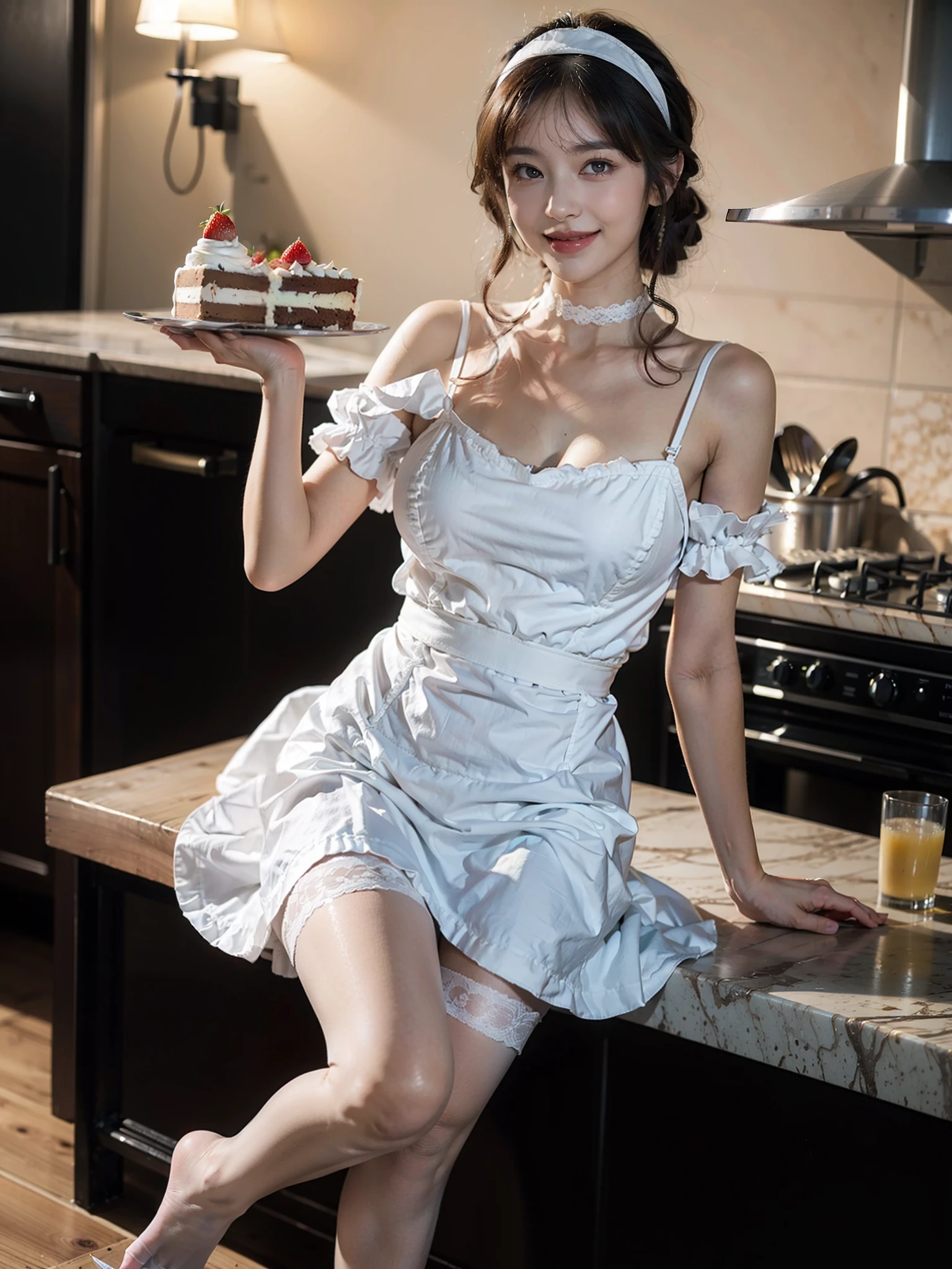 1 girl in the kitchen，The girl holds a knife and fork in her hand，There was cake on the table，light  smile，Glossy glossy skin，moderately sized breasts，（Gas bangs），white lace chemise，ssmile，white stockings，wearing a white apron，white dresses，，pantyshot，The barefoot，barechested，Show the whole body，upper legs，Seductive pose，Delicate skin，fully body photo，The best weight，tmasterpiece，（realisticlying：1.4）tmasterpiece，Dressed in cute maid outfits，Short sleeves satin black，Wear a white frilled headband，white frilled apron，a black choker，