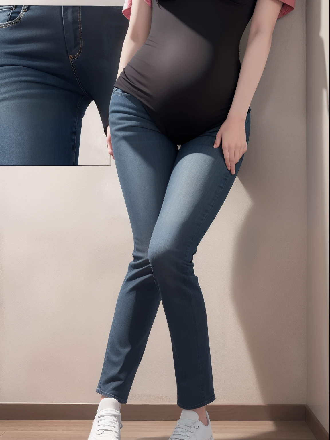 (photorealistic),(masterpiece),(ultra-detailed),a close view of Pretty and very sexy one korean girl with her legs tightly crossed wearing very tight and very sexy black jeans and bra and aged about 20's standing up barely enduring with a very full bladder with more than 10L in it but at her limit and about to explode, bladder and abdomen expanded like a sphere as big as her, lower abdomen and bladder about to pop, ,intensively holding pee,bladder so full that lower abdomen looking like 20 months pregnant with 20 kids, legs tighly fully crossed, legs double-crossed, both hands clamped tightly between the thighs, wet skin, sweating very much, body looking left, no belly fat, both hands on the crotch, generate full body, legs tightly double fully crossed,lower abdomen expanded like fully pregnant but smooth-rounded, fully crossed legs, feeling pain, wearing sneakers, cheeks blushed red, feeling high,wearing very tight black jeans covering entire legs,girl's legs tightly fully crossed doubly,girl's legs fully crossed tightly,very nervous,legs crossed over tightly, feeling pain,one leg on the other leg,hands jammed to the crotch, leg crossed tightly,feeling pain but enduring,using all her strength to hold pee,doing anything to hold pee,eyes slightly closed,slightly afraid,barely holding pee from bursting out,image of girl's zoomed bladder on the corner,(close view of crotch in front of the crotch ),(view very close from the crotch),standing up