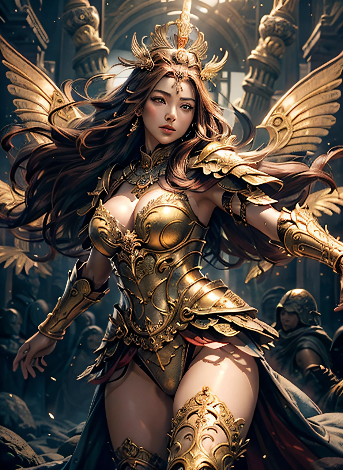 (surrealistic), (hight resolution), (8K), (ighly detailed),  (beatiful detailed eyes), (top-quality), (ultra-detailliert)、intricate detailes、
1girl in、fullbody image、(Goddess of battle、A beautiful woman full of power、hali々and has)、perfectly proportions、big eye、pretty eyes、爆乳、big breasts thin waist、nabel、Crotch gap、thighs thighs thighs thighs、beautiful countenance、A detailed face、Perfect figure:1.4、(shinny skin), (cleavage of the breast)、length hair、the wind、Red bra、 Long ugly hair, (Brown hair:１.3)、Look at viewers, Wearing intricate red super armor、Clear Focus:1.2、Lightning Effect、Ultra-detailed large crown adorned with jewels:１.2)、huge tit、oppai、Translucent sexy underwear、Jewels with intricate details、(Ultra-detailed yellow armor adorned with jewels:1.３)、diffuse lighting、Valhalla Valkyrie、(Realistic lighting)、Light your face、Lights from the front、Shine a light on your face、