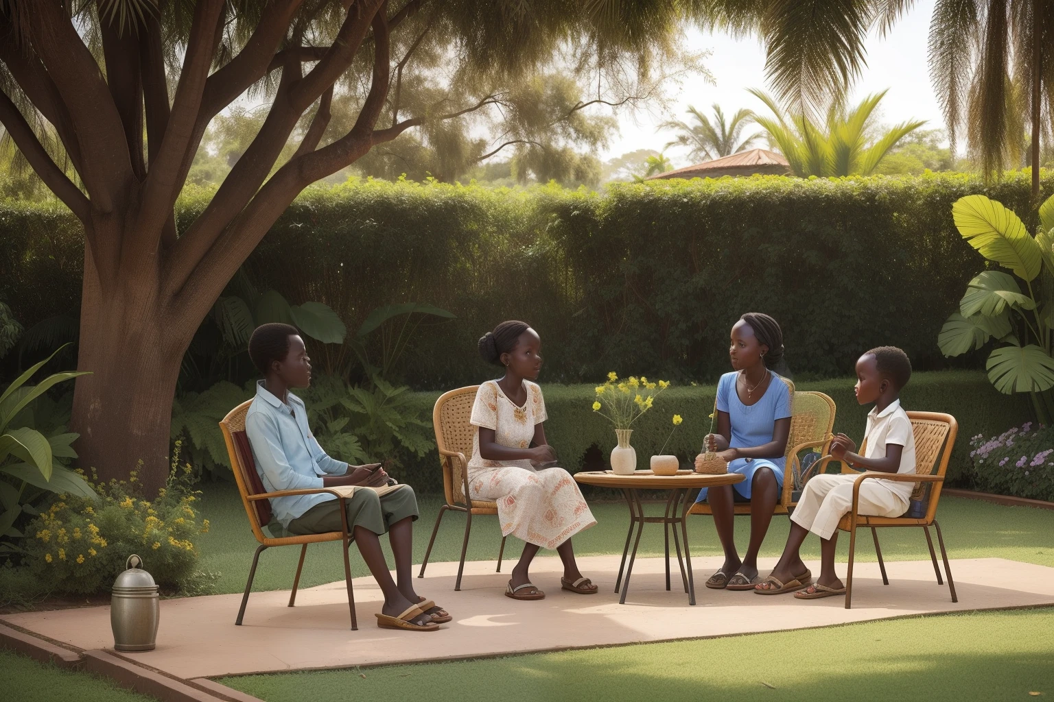 Year: 2019
Country: South Sudan
Description: In the capital city of Juba, a well-dressed family enjoys a leisurely afternoon in a lush garden. Adults sit on vintage wrought-iron chairs sipping tea, while children and tens play croquet on the neatly trimmed lawn.