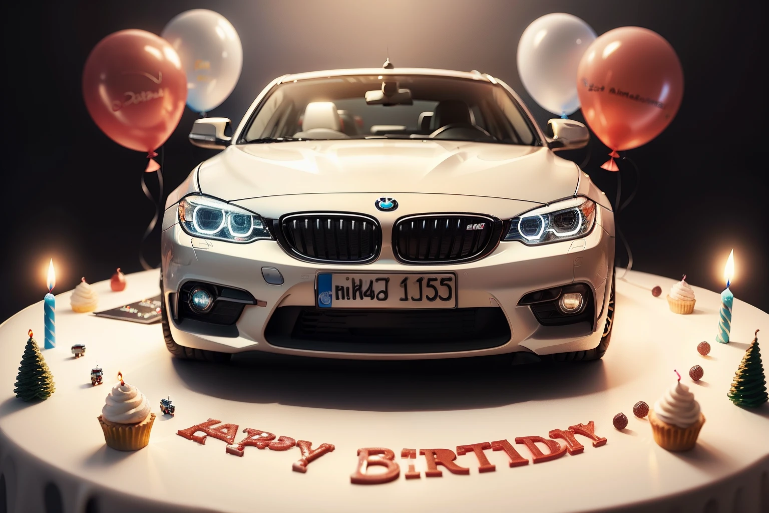 Happy birthday! Cake in the form of a funny cartoon BMW car. Candles, balloons. Close-up. Lots of details. Festive, fun. Light blurred background of the festive table. light haze