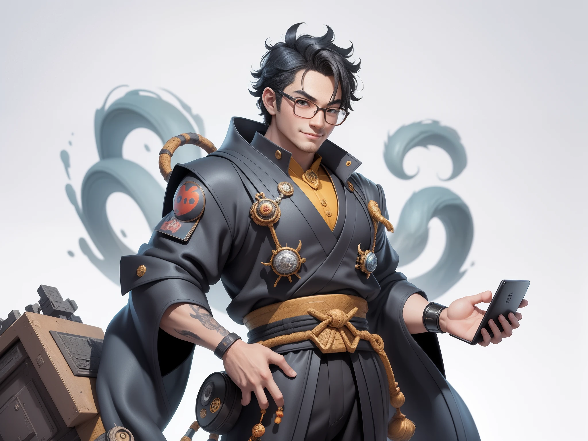 (Masterpiece), (Excellent), (Super Meticulous), (Full Body: 1.2), Super Young Man with Japanese Female Geisha, Pretty, Beautiful, Chinese Dragon, Tiger, Wind God Thor, Sexy, Bursting, Oriental Face, TV Anchor, Bust Portrait Illustration, Black Suit, Blue Tie, Slightly Chubby Face, Silver Glasses, Very Clean Face, No Beard on Chin, Black Super Short Hair, Black Eyes, Confident Smile, 3c Computer Sub-Products, iPad, iPhone, Digital Painting, 3D character design by Mark Clairedon and Pixar and Hayao Miyazaki and Akira Toriyama, the illustrations are HD illustrations in 4K resolution with highly detailed facial features and cartoon-style visuals.