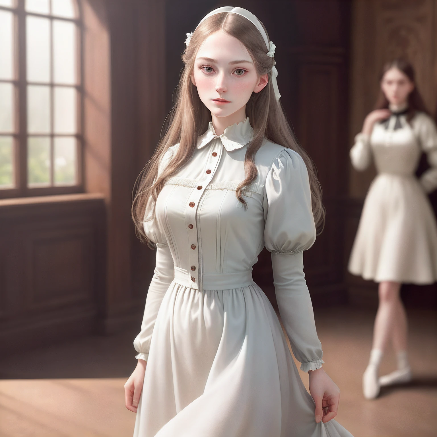 Amazingly beautiful girl from England, Florence Nightingale, beautiful girl, 2girl in one potrait, 2 girl are twins, looks 19 years old, Victoria, pale skin, (((realistic face)), realistic proportions, delicate body, staring at the camera, ballet moves, damp, white Victoria dress, loose collar buttons, long loose hair, sweaty clothes, sweaty skin, , ((focus on the whole body)), ( Delicate Illustrations: 1.4), (Renaissance Art: 1.4), (Ultra High Resolution: 1.2), (Photorealistic: 1.4), (8K, RAW Photos: 1.2), (Soft Focus: 1.4), (19 years old: 1.3), (Sharp Focus: 1.4), Beautiful Face with Attention to Detail, Pure Rose Face_V1, Photorealistic Illustrations, Natural Light Lighting, Indoor