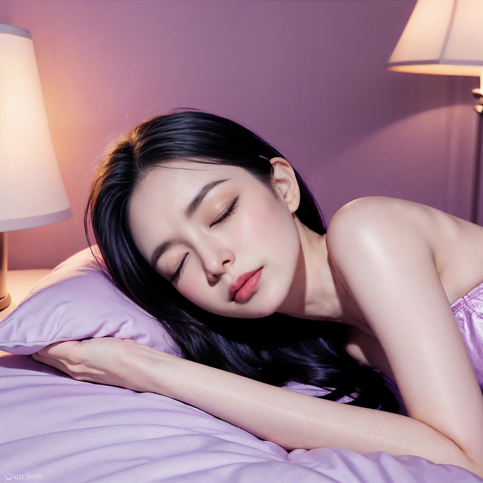 natta,sleep,eye closeds,A woman lies on her side,Lilac background,the night,Bedside lamp lighting,serene