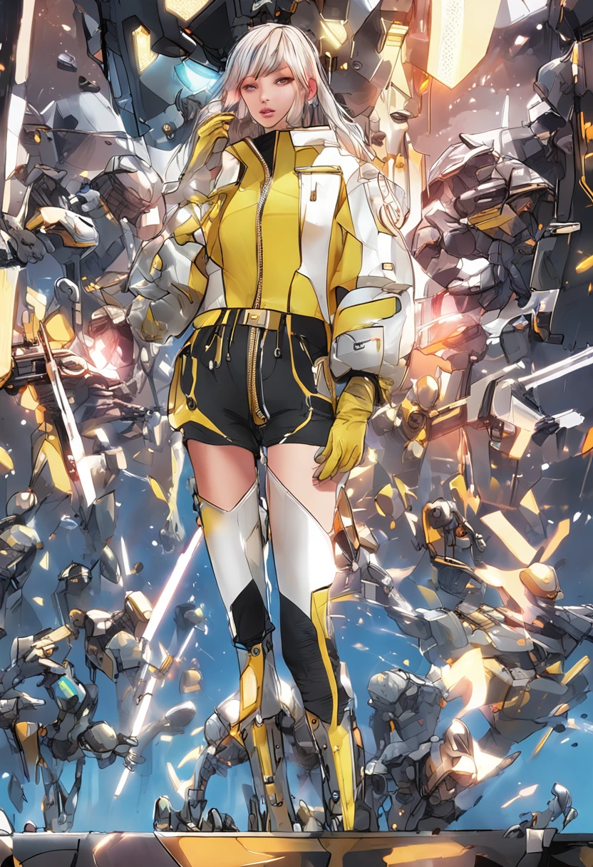 An idea, Art girls who love to express themselves through fashion choices. She has a keen eye for detail,I like to mix and match different shades of yellow to create eye-catching colors。, futuristic look. She often incorporates unusual elements, Such as metal embellishments or holographic details, Incorporated into her outfit