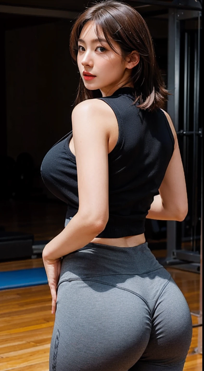 Extremely detailed Cg Unity 8K wallpaper,Best quality,Masterpiece,Extremely detailed,Realistic,1girll,Japanese woman,(Big breasts:1.4),(vests:1.3),(Yoga pants for:1.3),Back，Medium hair, Brown hair,Seductive face,Cowboy shot,gym room,