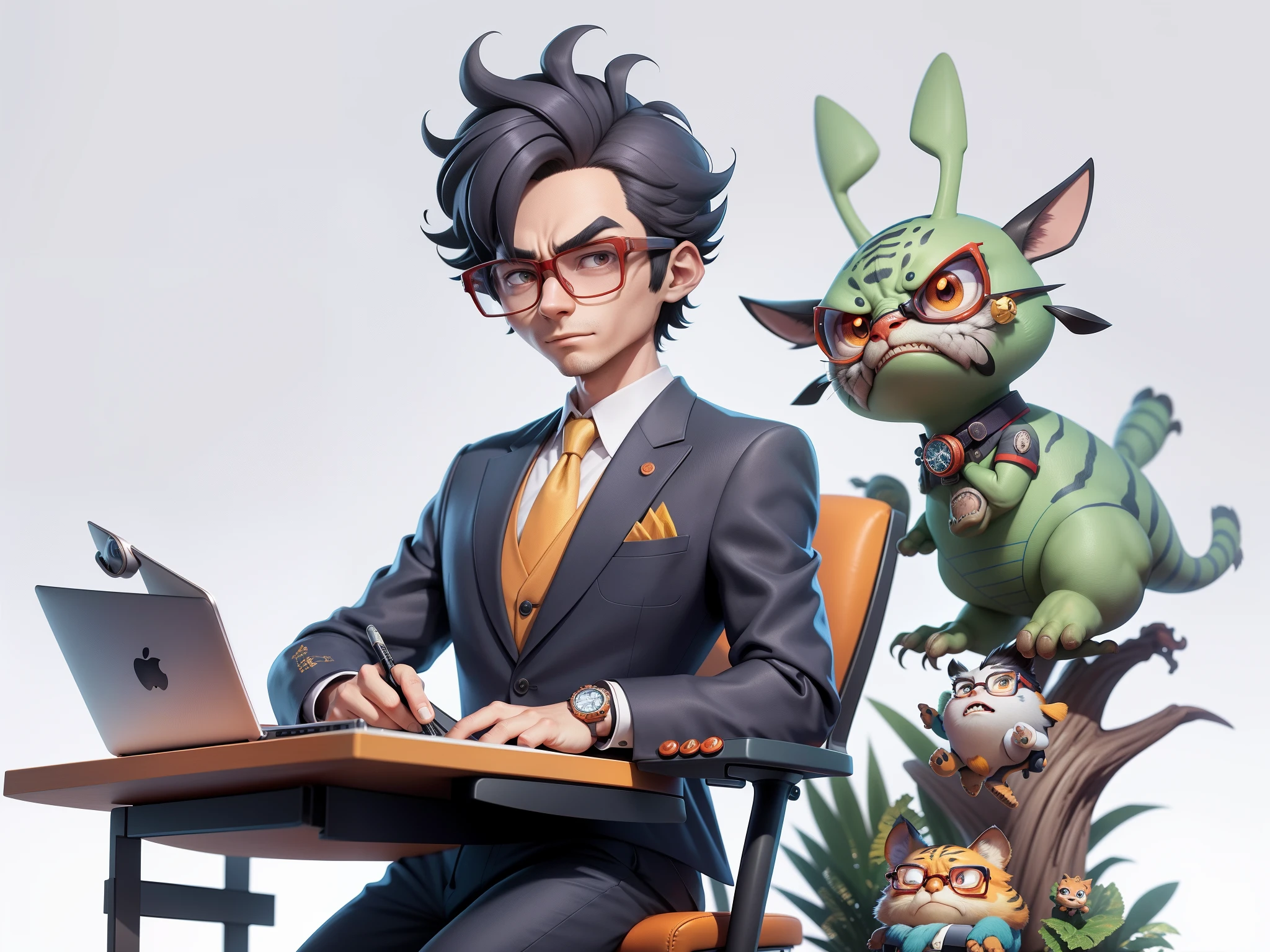 A young man in a suit, Short hair and glasses sat at his desk，holding laptop，digitial painting，tigre，3D character design by Mark Clairen and Pixar and Hayao Miyazaki and Akira Toriyama，4K HD illustration，Very detailed facial features and cartoon-style visuals。