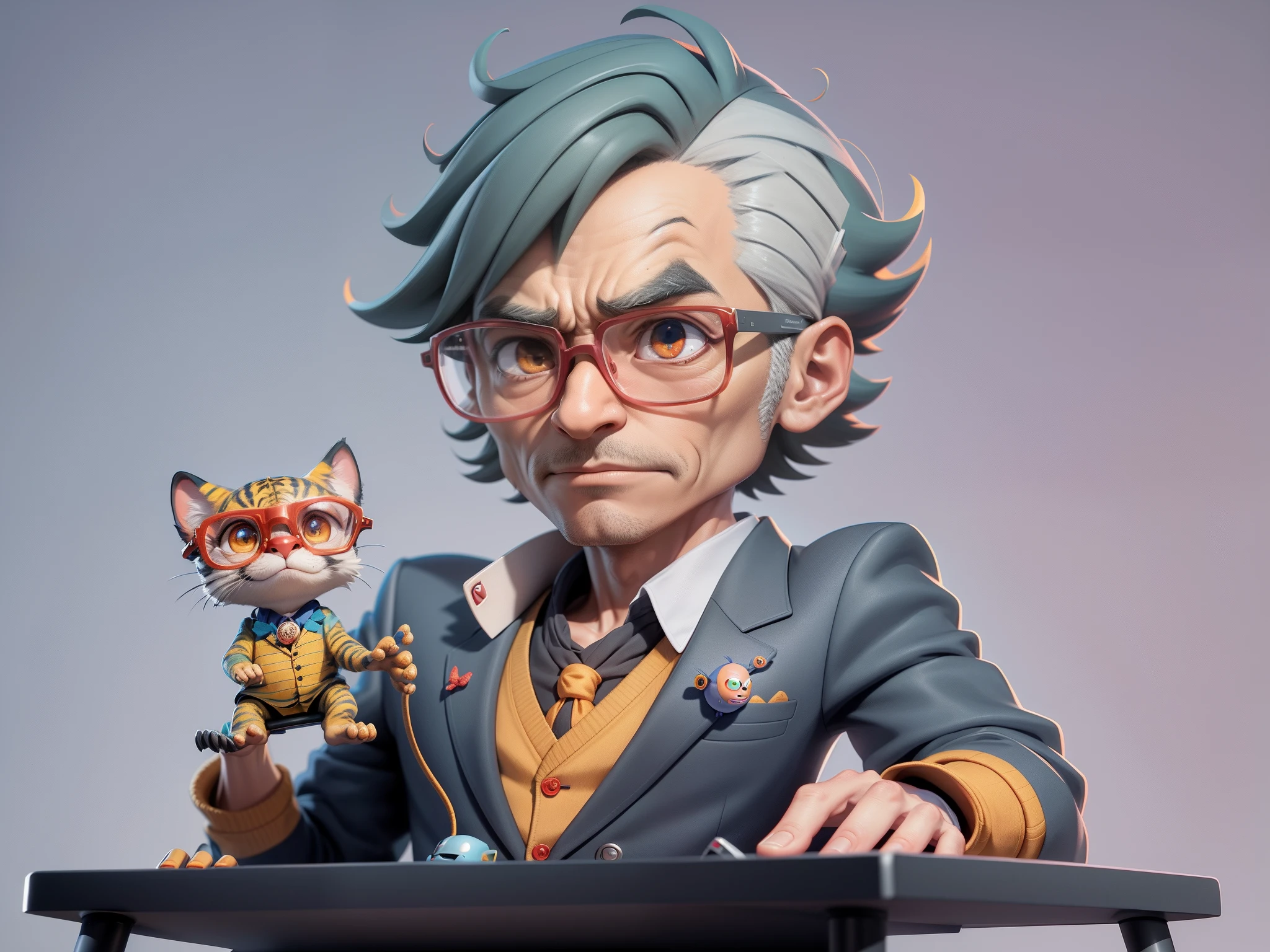 A young man in a suit, Short hair and glasses sat at his desk，holding laptop，digitial painting，tigre，3D character design by Mark Clairen and Pixar and Hayao Miyazaki and Akira Toriyama，4K HD illustration，Very detailed facial features and cartoon-style visuals。