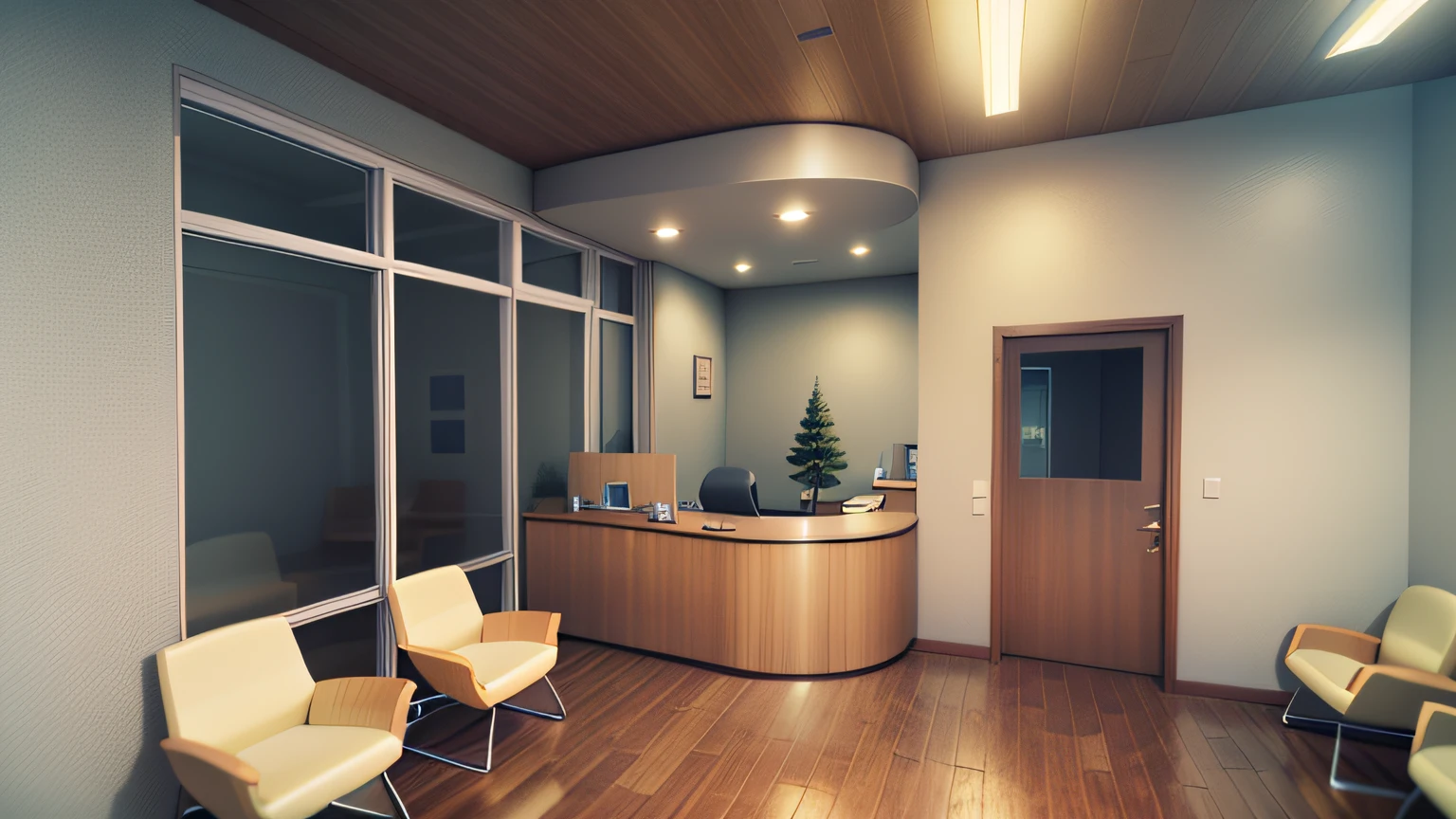 (best quality, masterpiece, ultra minute details) beautiful waiting room, white walls, bright morning light from left, comfy leather chairs, wood floor, wood door, vertical grain douglas fir, highly detailed, photo-realistic, trees and parking lot outside window, extremely detailed, architectural photography