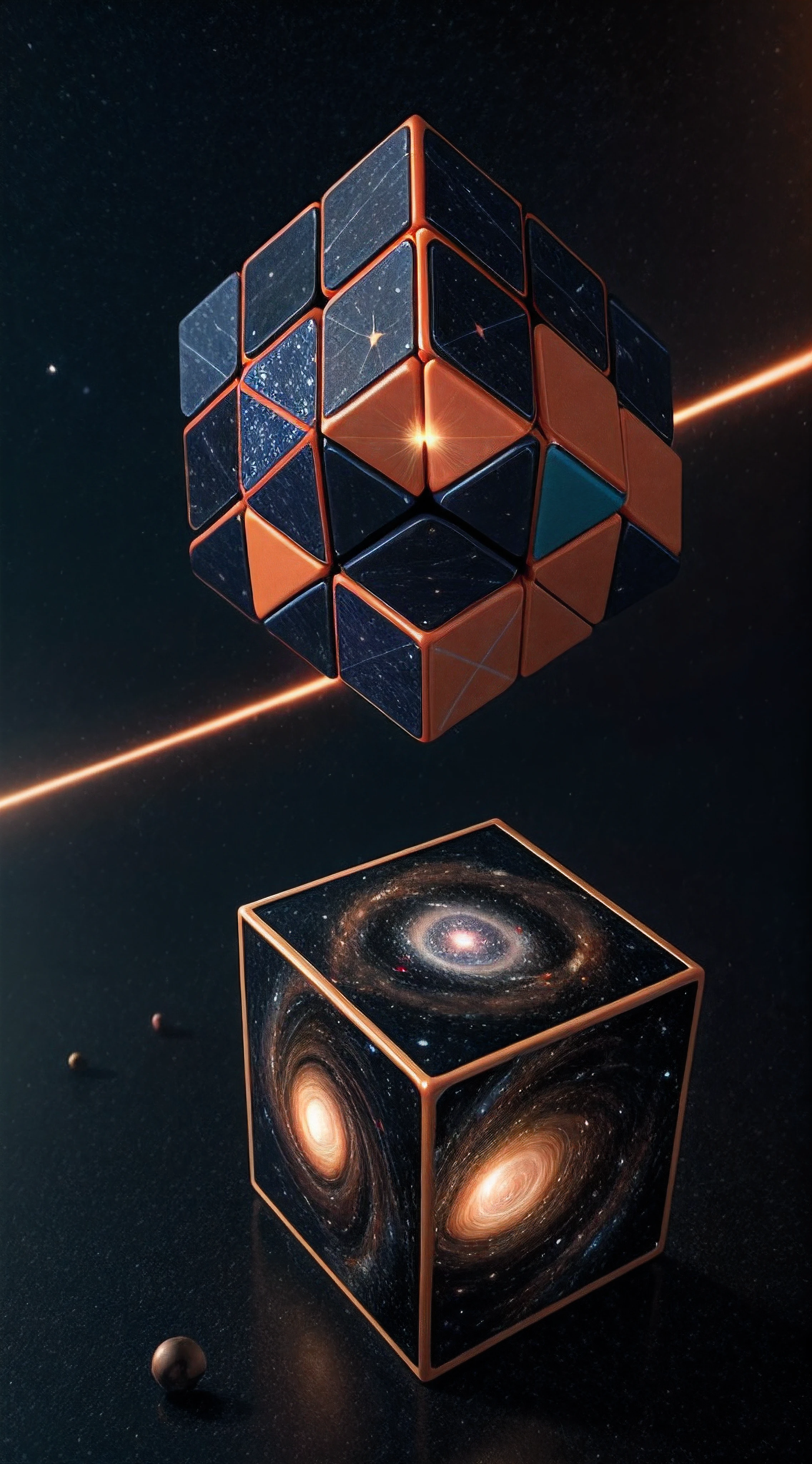 four dimensional parallel universe cosmic rubik's cube hypercube tesseract with wormholes, energy and galaxies around it. epic, dramatic, cinematic, digital art, octane render, blender, 8 k, hyperrealistic, trending on artstation