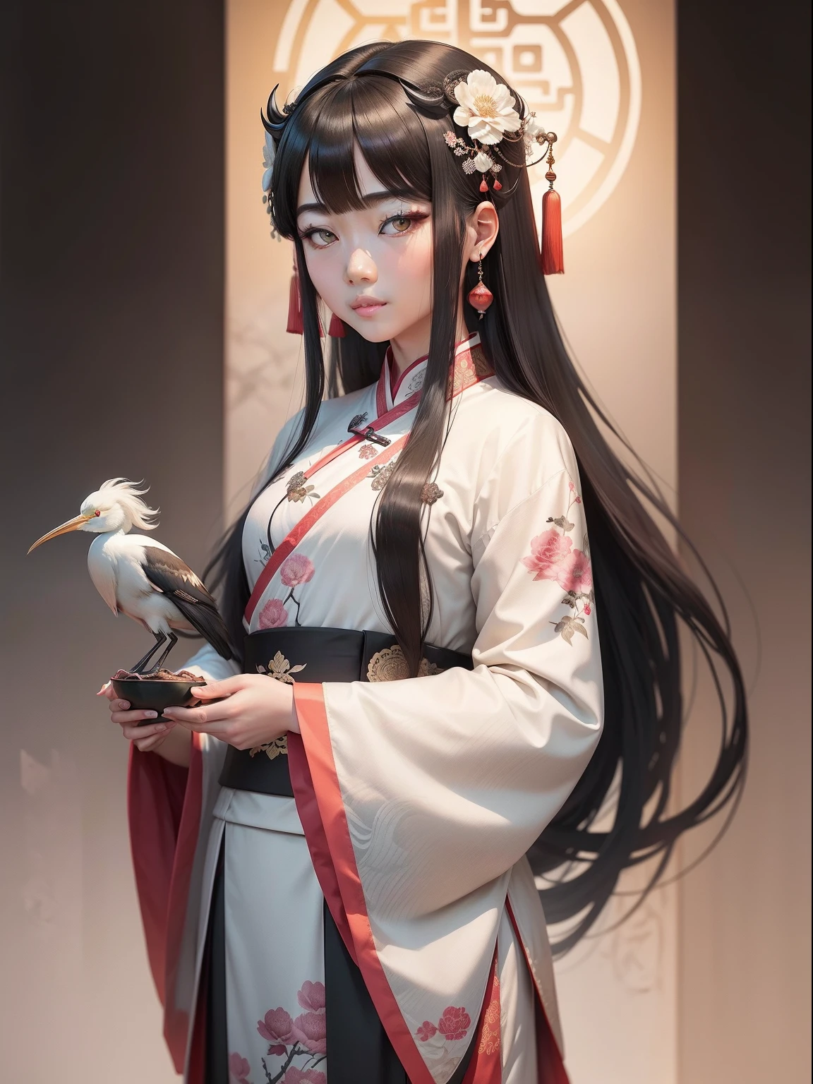 an Chinese ink painting style ! An ancient Chinese beautywearing a traditional Chinese Hanfu, looking at the viewer,with long hair stands near some white egrets , big::1 eyescharming eyes,square face, small cherry mouth, charmingface ， face close-up， wearing traditionalChinese longearrings, can't imagine how beautiful the girl, some flowersand birds, Chinese ancient artist Emperor Huizong of SongDynasty style ，traditional Chinese ink painting style, blankspace, freehand brushwork, green and pink, high detail, highquality--ar 3:4 --q 2 --niji 5 --style expressive --s 750 --q 2