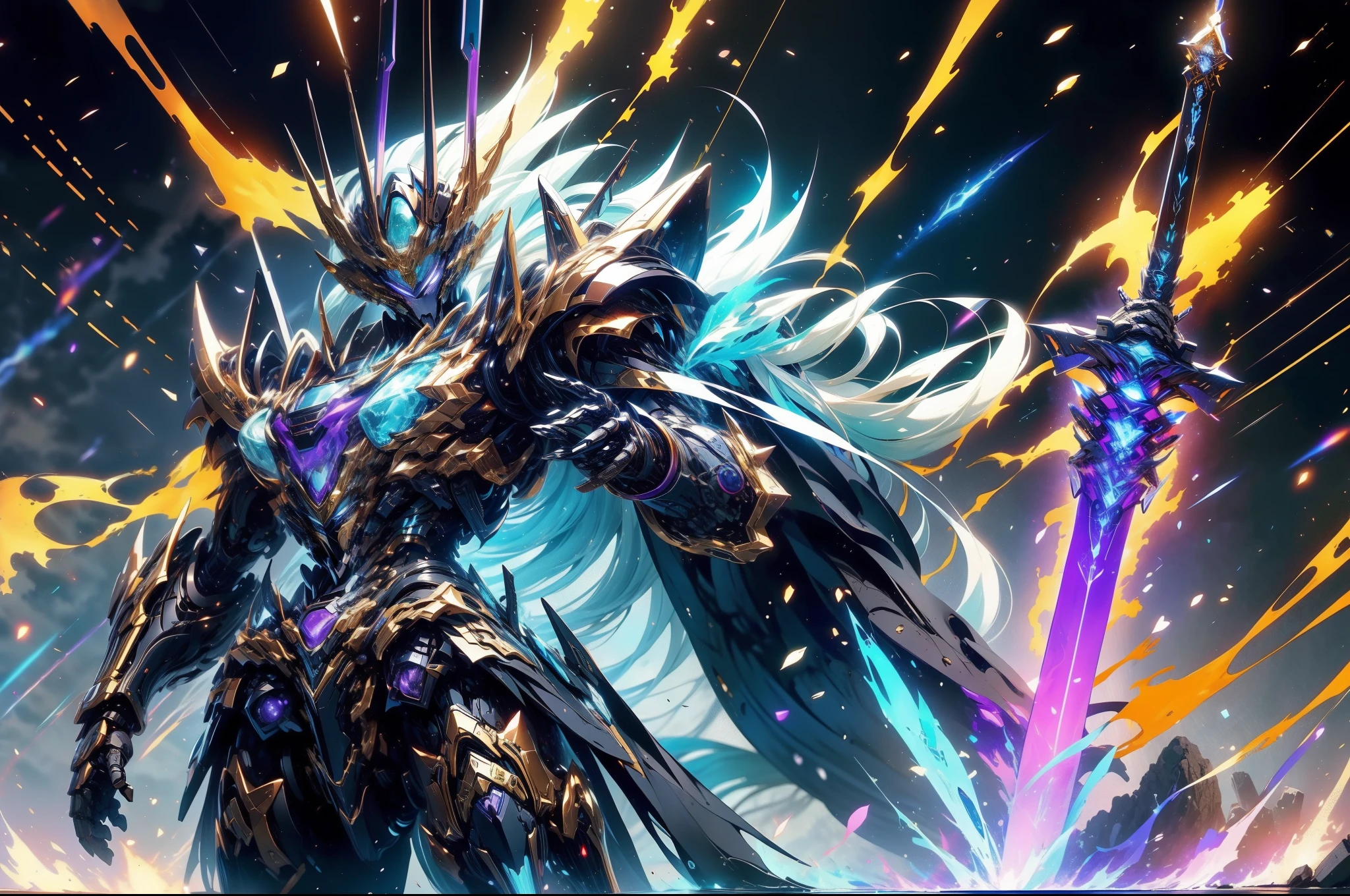 （The character is on the left），super wide shot, Close-up of the frontal photo itself,Mecha male warrior close-up，Future warrior style《Mech color: The main color is purple，blue colors》，（《Refer to the Chinese Qin Emperor Sword》，Holding the Qin Huang sword in his hand，The sword itself glows blue），Keqing from Genshin Impact, (Masterpiece) ， The best quality， High quality，电影灯光， （Exquisite future）， Beautiful and beautiful， Ultra detailed， great composition， Floating， Depth of field， （Very detailed CG，Unity 8k壁纸）， （Beautiful detail background）， dramatic lights， GOGETTA， Mecha，best qualtiy，Ultra-high 8K Ultra HD，digital SLR camera，high qulity，Film particle resolution，