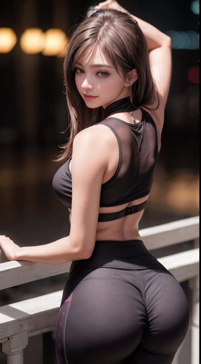 8K, Masterpiece, RAW photo, Best quality, Photorealistic, Extremely detailed CG unified 8K wallpapers, Depth of field, Cinematic light, Lens flare, Ray tracing, (Extremely beautiful face, Beautiful lips, Beautiful eyes), intricate detail face, ((ultra detailed skin)) 1girll, In the dark, deepshadow, Pretty Korean girl, Kpop idol, 1 girl, (Very slim and slender muscular body:1.3), ((view the viewer)),(Big smile:1.3), (Tight lace-up blouse), (Pink shirt), (Sleeveless) , (Fashion night, Dark night, (neon lights sign), (Blurred background), Fashion Street Night),(No one is in the background:1.3), Beautiful earrings, bangle, necklace, Pantyhose, Clear eyes, (Pale skin), (Big eyes), Face forward, ((upperbody shots)), ((Yoga pants:1.3)),(brown hairs),((Tight Yoga Pants)), (see through), (view the viewer:1.3) ，Very slim, Medium breasts, Turn Back, Peach buttocks，Back shot, ((see through)), underwear, Turn Back, ((Back shot))