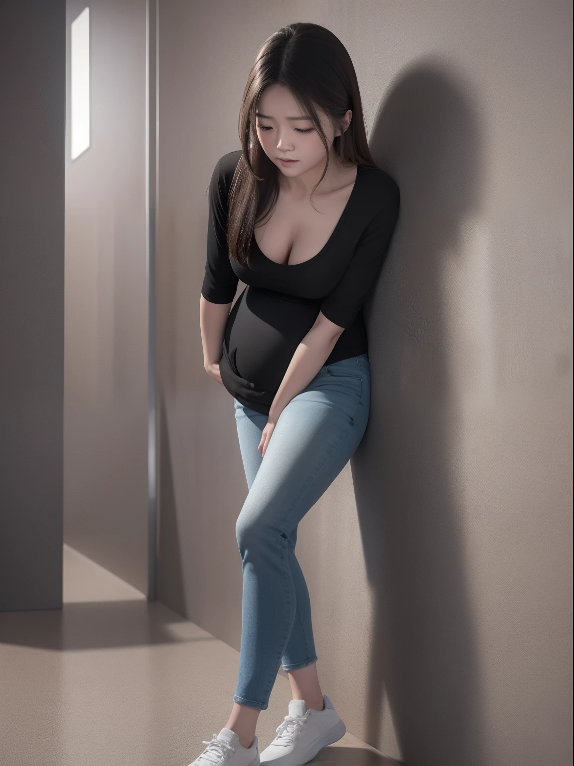 (photorealistic),(masterpiece),(ultra-detailed),a close view of Pretty and very sexy one korean girl  with her legs tightly crossed wearing very tight and very sexy black jeans and bra and aged about 20's standing up barely enduring with a very full bladder with more than 10L in it but at her limit and about to explode, bladder and abdomen expanded like a sphere as big as her, lower abdomen and bladder about to pop, ,intensively holding pee,bladder so full that lower abdomen looking like 20 months pregnant with 20 kids, legs tighly fully crossed, legs double-crossed, both hands clamped tightly between the thighs, wet skin, sweating very much, body looking left, no belly fat, both hands on the crotch, generate full body, legs tightly double fully crossed,lower abdomen expanded like fully pregnant but smooth-rounded, fully crossed legs, feeling pain, wearing sneakers, cheeks blushed red, feeling high,wearing very tight black jeans covering entire legs,girl's legs tightly fully crossed doubly,girl's legs fully crossed tightly,very  nervous,legs crossed over tightly, feeling pain,one leg on the other leg,hands jammed to the crotch, leg crossed tightly,feeling pain but enduring,using all her strength to hold pee,doing anything to hold pee,eyes slightly closed,slightly afraid,barely holding pee from bursting out,image of girl's zoomed bladder on the corner,(close view of crotch in front of the crotch ),(view very close from the crotch),standing up