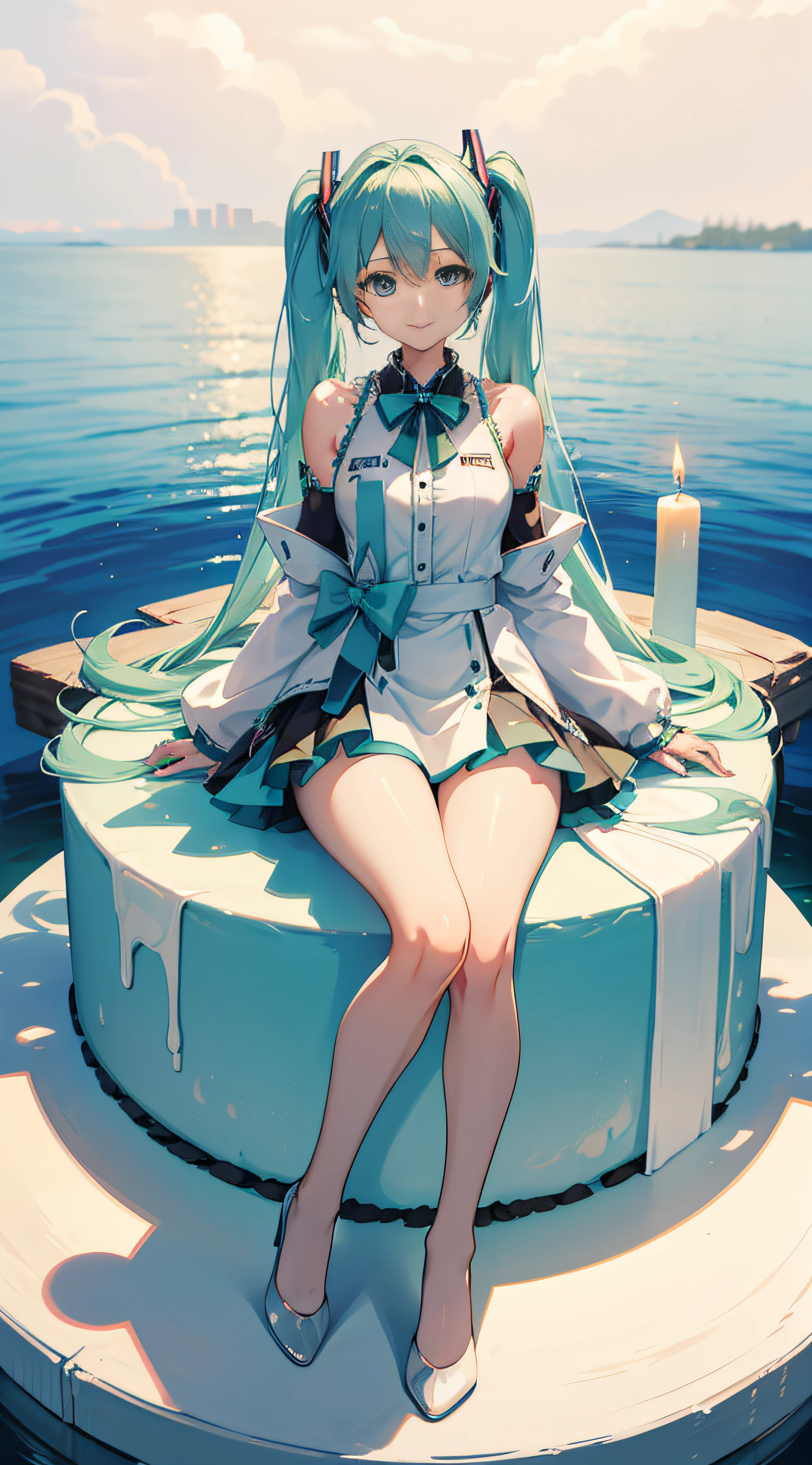 Hatsune Miku sits on a huge creamy birthday cake,The birthday cake is lit with colorful birthday candles,happy birthay,ssmile,Exquisite facial features,Elaborate Eyes,Gentle and shy face,Peerless beautiful girl,Advancedsense,Sandwich the strawberry between your hips
