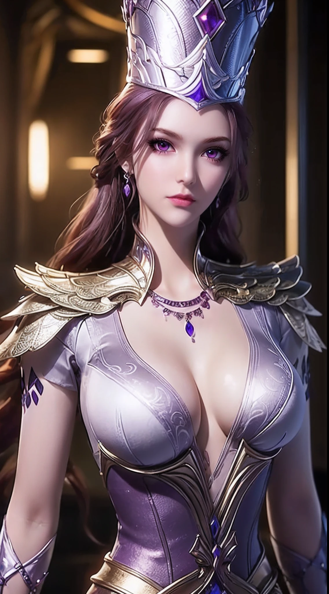 1 sexy goddess wearing sexy purple armor, armor with many intricate and sophisticated patterns, thin armor, deep slit shirt, long and silky purple hair, wearing purple silver spear hat, the most beautiful and detailed hair jewelry, beautiful little face thin eyebrows, the most beautiful and spotless face, ((black iris:0.8)), the very beautiful eyes, big round eyes, ((dark purple color eyes:1.1)), fine and detailed makeup eyelashes, high nose, wearing earrings, small red lips, rosy face, clean face, beautiful face without blemish, smooth white skin, ((big breasts: 0.9)), Blums boobs, ((big and super round breasts:0.9)), ((super tight breasts:1.2)), ((breast augmentation: 0.8)), beautiful breasts, slim and petite body, ((thin waist: 0.9)), upper body of a beautiful girl, Hot and sexy petite body, sexy girl, skirt, 8k photo, super high quality, super realistic, 10x super pixels, photo realistic, dark studio, border light, two tone light, (detailed skin high: 1.2), 8k uhd, dslr, soft light, high quality, volumetric light, candid, Photo, high resolution, light, best photo, 4k quality, 8k, Bokeh, Smooth and sharp, pixel up 10 times, (background space: 1.8), (galaxy: 1.7), aurora, lightning, super graphics, the most realistic graphics,(Aurora Background: 1.8), alone, solo, portrait 9:16, Extremely sharp, super realistic images,