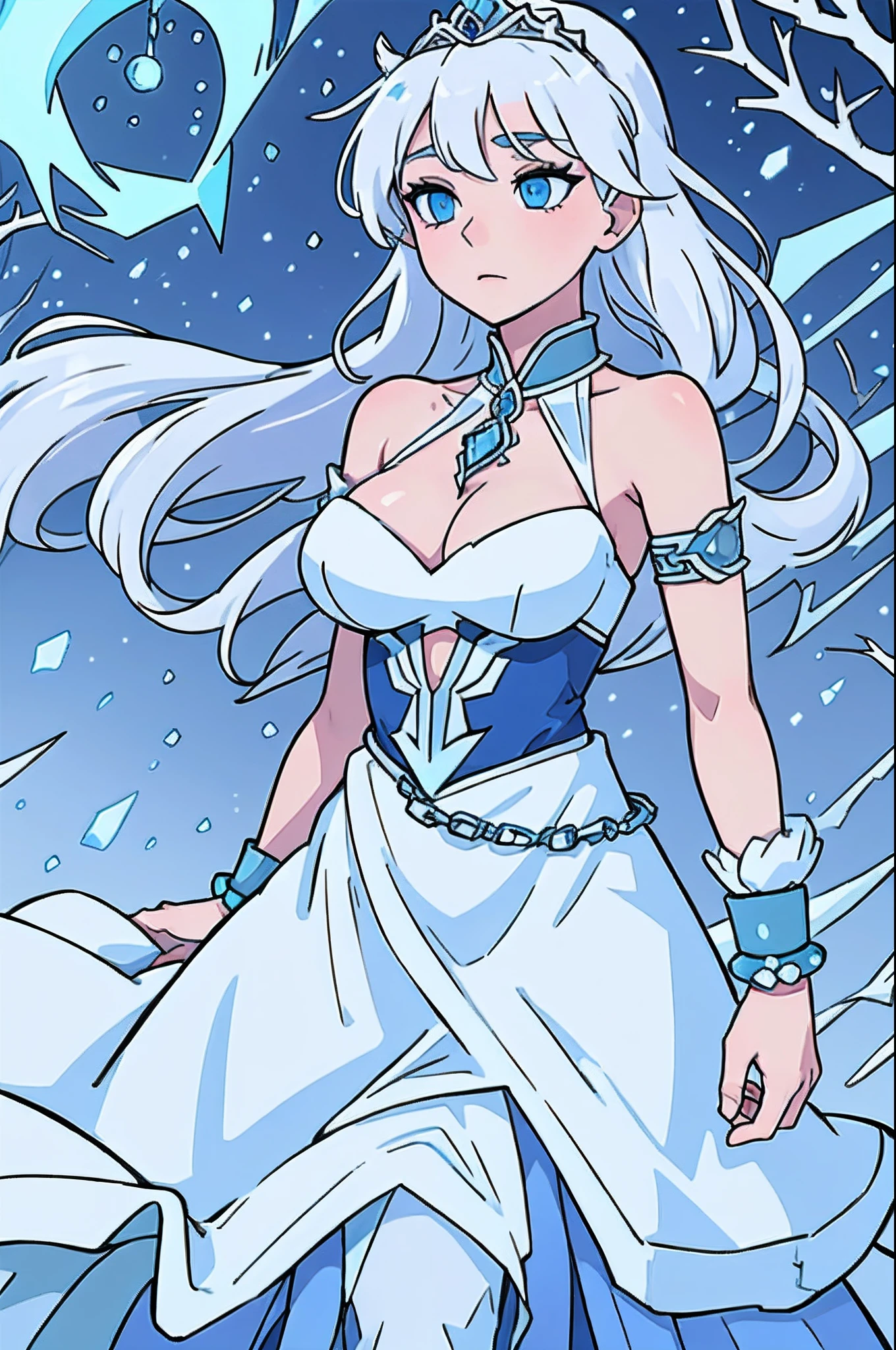 Beautiful Woman, white hair, blue eyes, ice crown, blue dress, on the neck chain with blue stone, on the arm bracelet, in the hand ice sword, breasts bare, background - winter forest