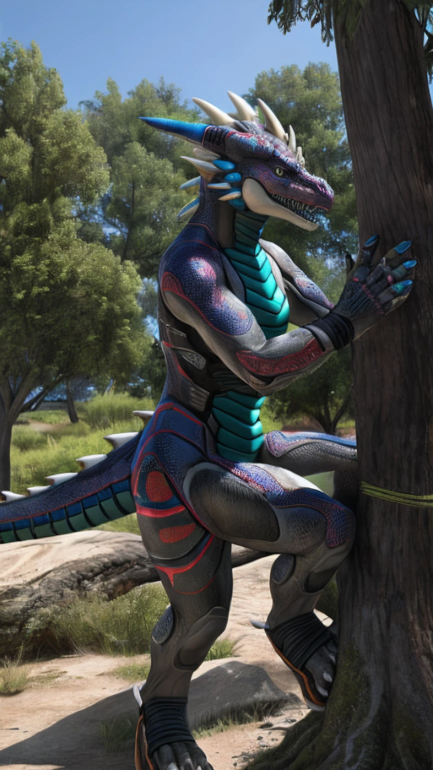 Bionic dragon,female,Android,Red Lingeri,sandals,Tied to a tree,Bundled,HD graphics,Detailed and realistic,high detal,high qulity,photo-realistic,photorealistic eye,Detailed paws,Clear eyes,Masterpiece artwork,Five-fingered hands,top-quality,32k,hyper HD,cg art