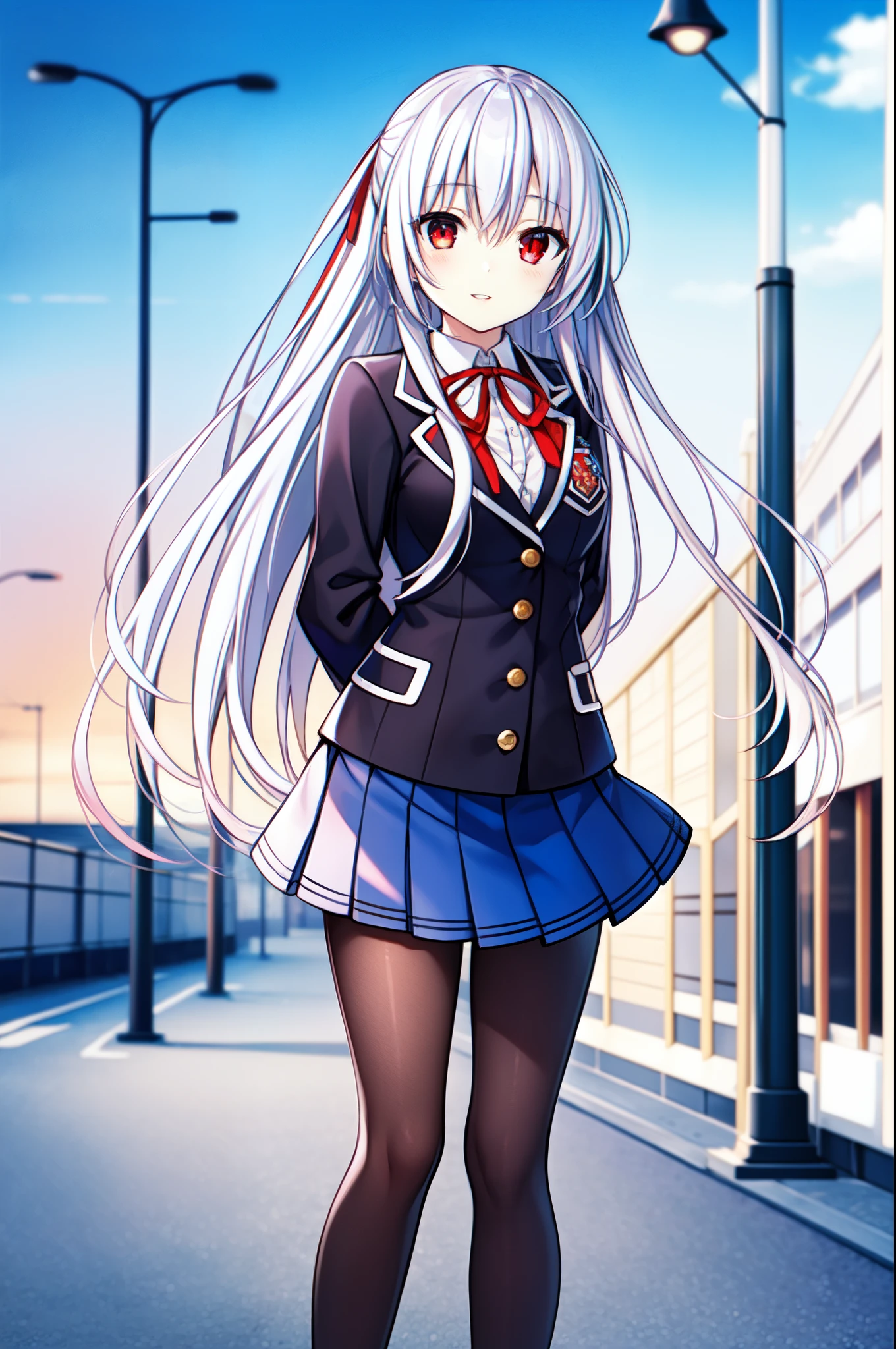 masterpiece, high quality, extremely detailed, 1girl, milf, solo, tohka, white hair, red eyes, long hair, parted lips, school uniform, black pantyhose, light smile, arms behind back, school, evening