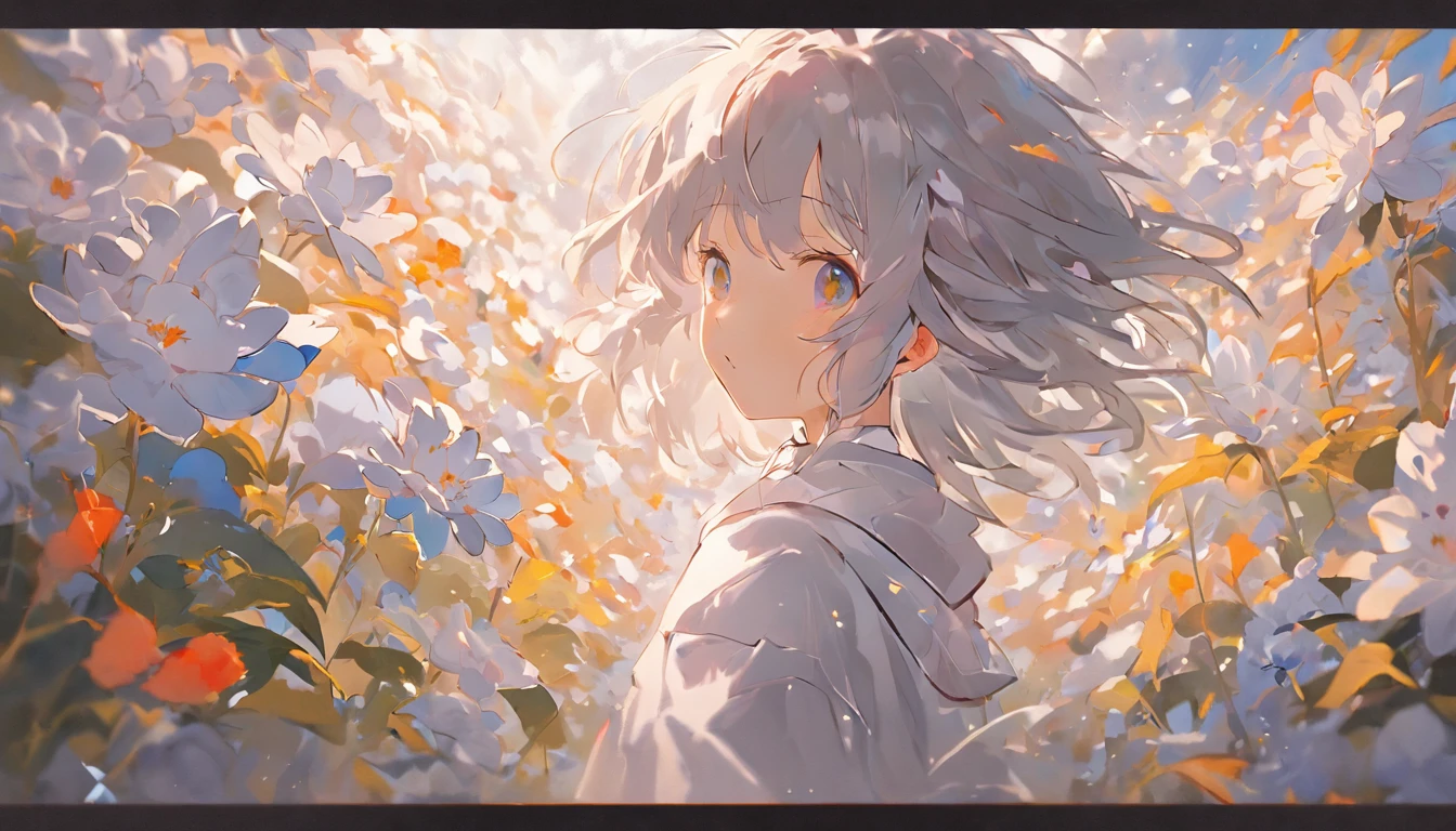 Blooming flowers flutter in the wind,The boy in the flower,Light white and silver design,Pay attention to the texture of the skin and flowers,Sony FE 12-24mm F/2.8 gm,Impressionist garden,Proficient in calligraphy,eco-friendly craftsmanship,Brush stroke exploration