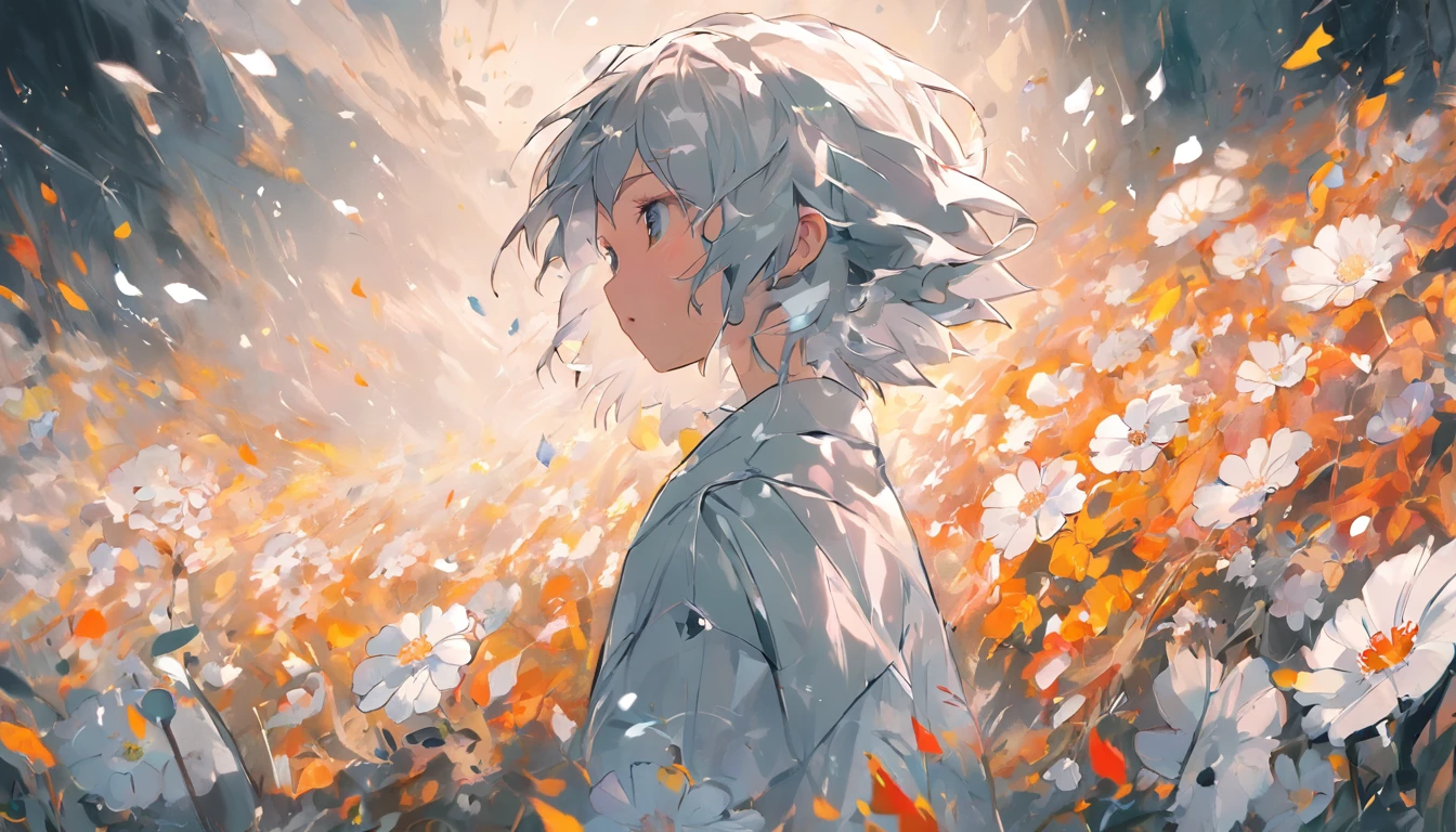 Blooming flowers flutter in the wind,The boy in the flower,Light white and silver design,Pay attention to the texture of the skin and flowers,Sony FE 12-24mm F/2.8 gm,Impressionist garden,Proficient in calligraphy,eco-friendly craftsmanship,Brush stroke exploration