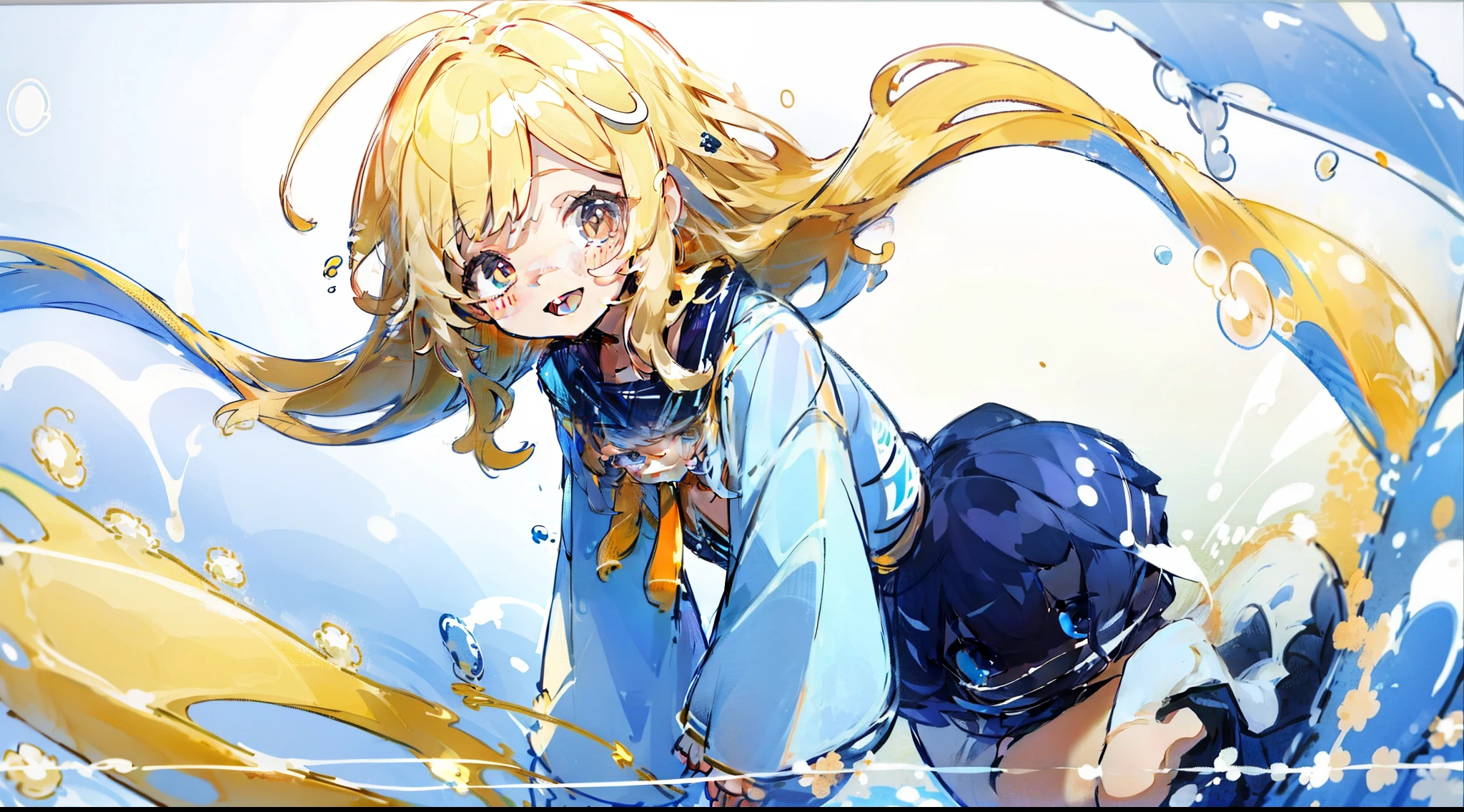 One Girl, smile, smile, blonde、Red hair ribbon、smile, Primary school students、Blue Uniform、Blue long skirt、Pulling on skirt、Drowning in water、Embarrassed face、Water Play、Photographed completely submerged in water、Skirt spreads over the water、skirt open、cute、blush、White panties