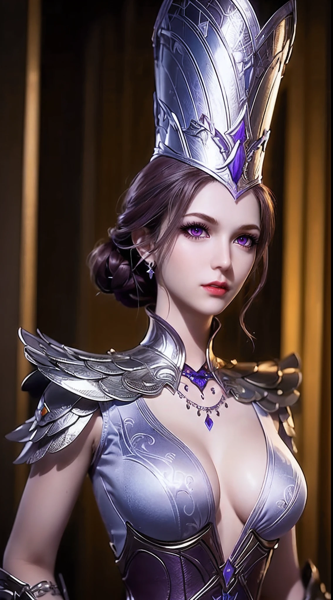 1 sexy goddess wearing sexy purple armor, armor with many intricate and sophisticated patterns, thin armor, deep slit shirt, long and silky purple hair, wearing purple silver spear hat, the most beautiful and detailed hair jewelry, beautiful little face thin eyebrows, the most beautiful and spotless face, ((black iris:0.8)), the very beautiful eyes, big round eyes, ((dark purple color eyes:1.1)), fine and detailed makeup eyelashes, high nose, wearing earrings, small red lips, rosy face, clean face, beautiful face without blemish, smooth white skin, ((big breasts: 0.9)), Blums boobs, ((big and super round breasts:0.9)), ((super tight breasts:1.2)), ((breast augmentation: 0.8)), beautiful breasts, slim and petite body, ((thin waist: 0.9)), upper body of a beautiful girl, Hot and sexy petite body, sexy girl, skirt, 8k photo, super high quality, super realistic, 10x super pixels, photo realistic, dark studio, border light, two tone light, (detailed skin high: 1.2), 8k uhd, dslr, soft light, high quality, volumetric light, candid, Photo, high resolution, light, best photo, 4k quality, 8k, Bokeh, Smooth and sharp, pixel up 10 times, (background space: 1.8), (galaxy: 1.7), aurora, lightning, super graphics, the most realistic graphics,(Aurora Background: 1.8), alone, solo, portrait 9:16, Extremely sharp, super realistic images,