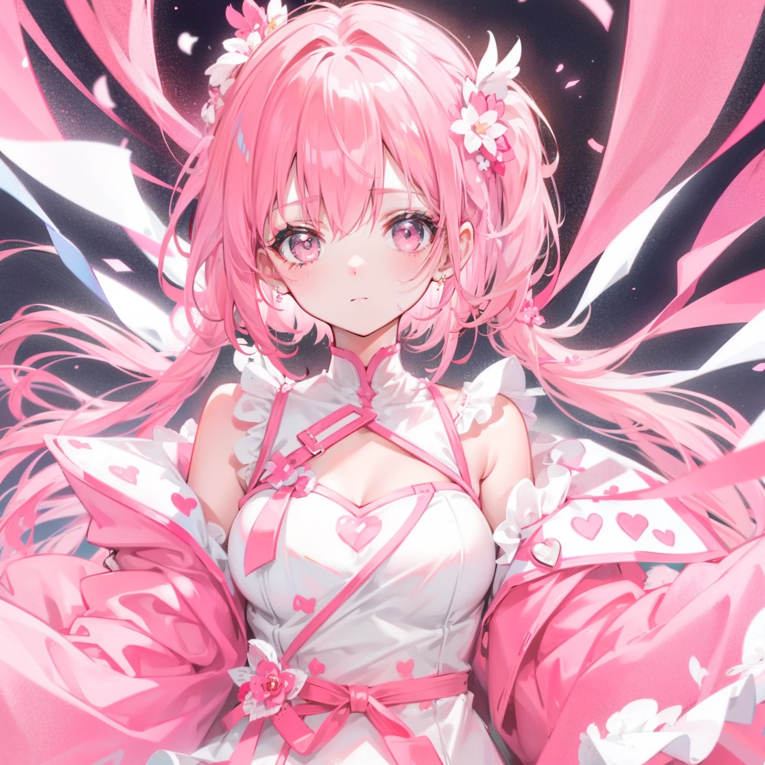tmasterpiece, Best quality at best, 1girll, Sakura Haruno in Naruto, Large breasts,Off-the-shoulder attire,(cleavage),(upperbody closeup),Raised sexy,is shy,ssmile,with pink hair, long whitr hair, (Green eyeballs:1.4), Forehead protection, the cherry trees,Cherry blossoms flying,Red clothes,Zipper half