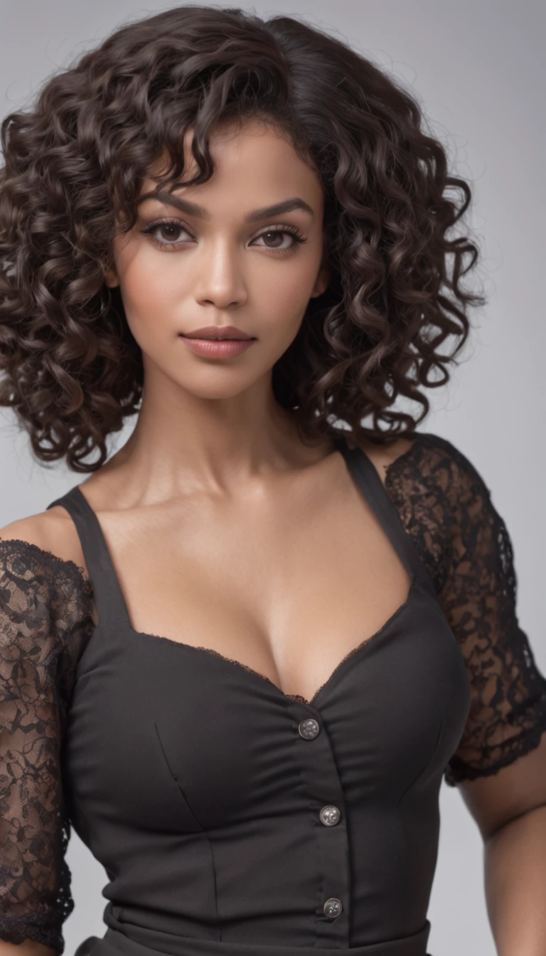 Beautiful black woman, 22 years old, vivid brown eyes, thick lips, shy smile, medium-sized Afro curly hair, prominent cheeks, symmetrical teeth, medium height, weight 50kg, medium-sized breasts, thick legs and perky butt, cold colors photography.
