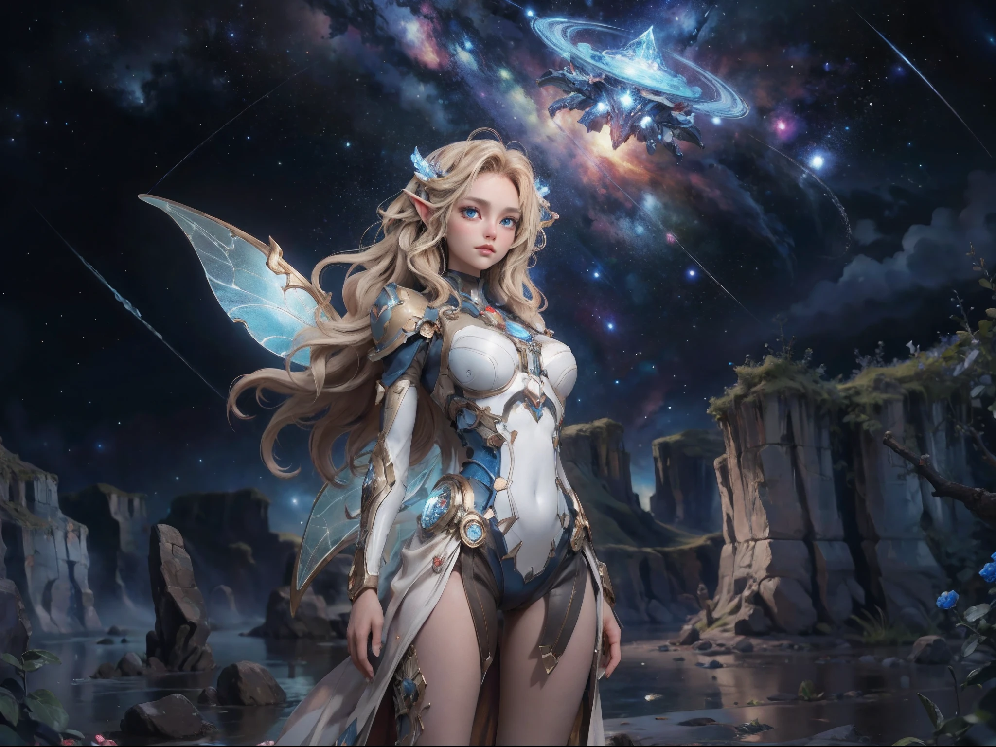 there is an illustration of a fairy with mecha parts fairy_wings floating on Mars planet looking into space seeing the vast of stars and space, full body shot, blond hair, long hair, blue eyes, ultra detailed face, space and stars as background, sense of infinity, Ultra-Wide Angle, high detail, award winning, best quality, HD, 16K, high details, best quality, highres, ultra wide angle, photorealistic, ultra realistic [[anatomically correct]], high details, best quality, 16k, [ultra detailed], masterpiece, best quality, (extremely detailed), ultra wide shot, photorealistic,