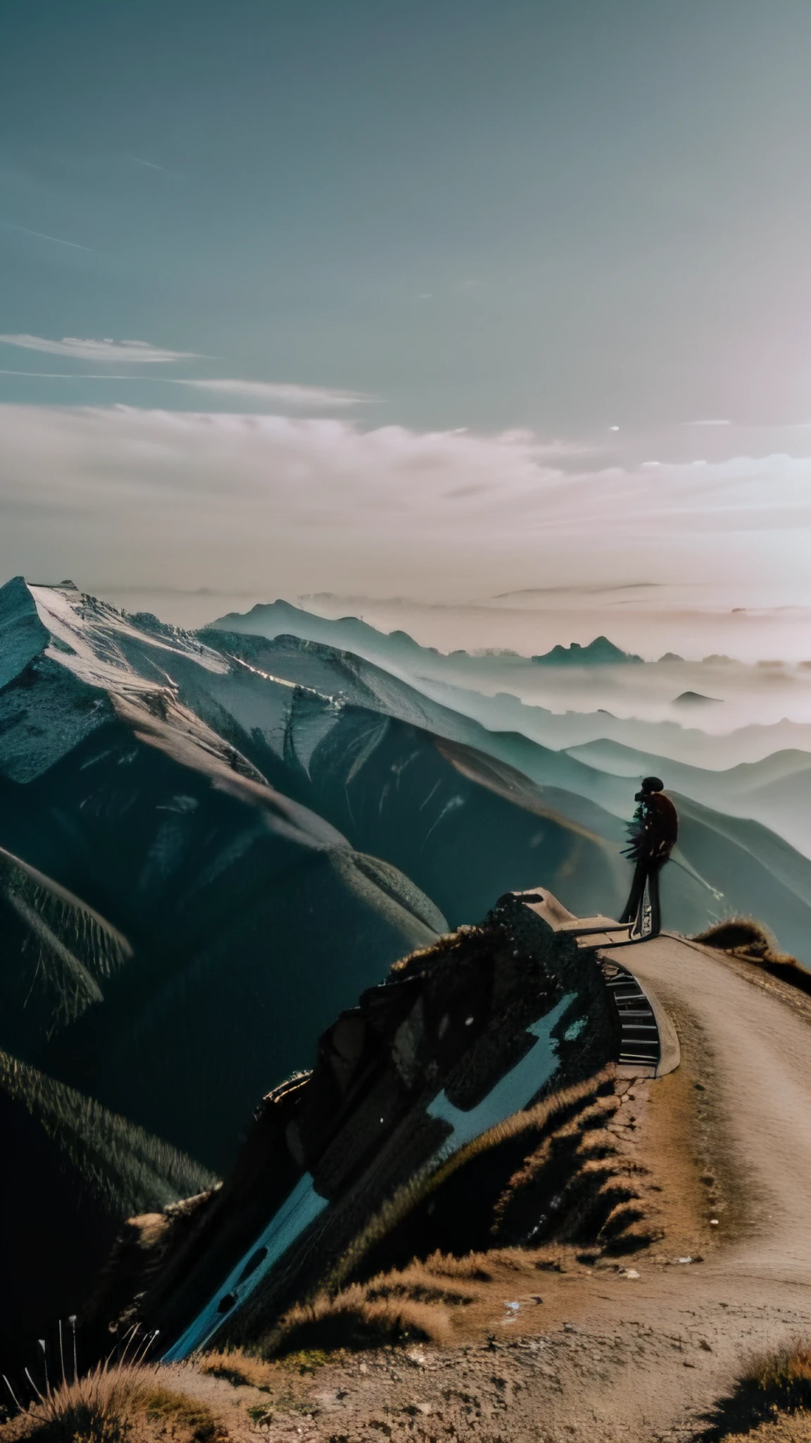 Be a climber who climbs the peaks。You stand at the starting point,The gaze was fixed on the mountaintop in the distance。photography of,detail-rich