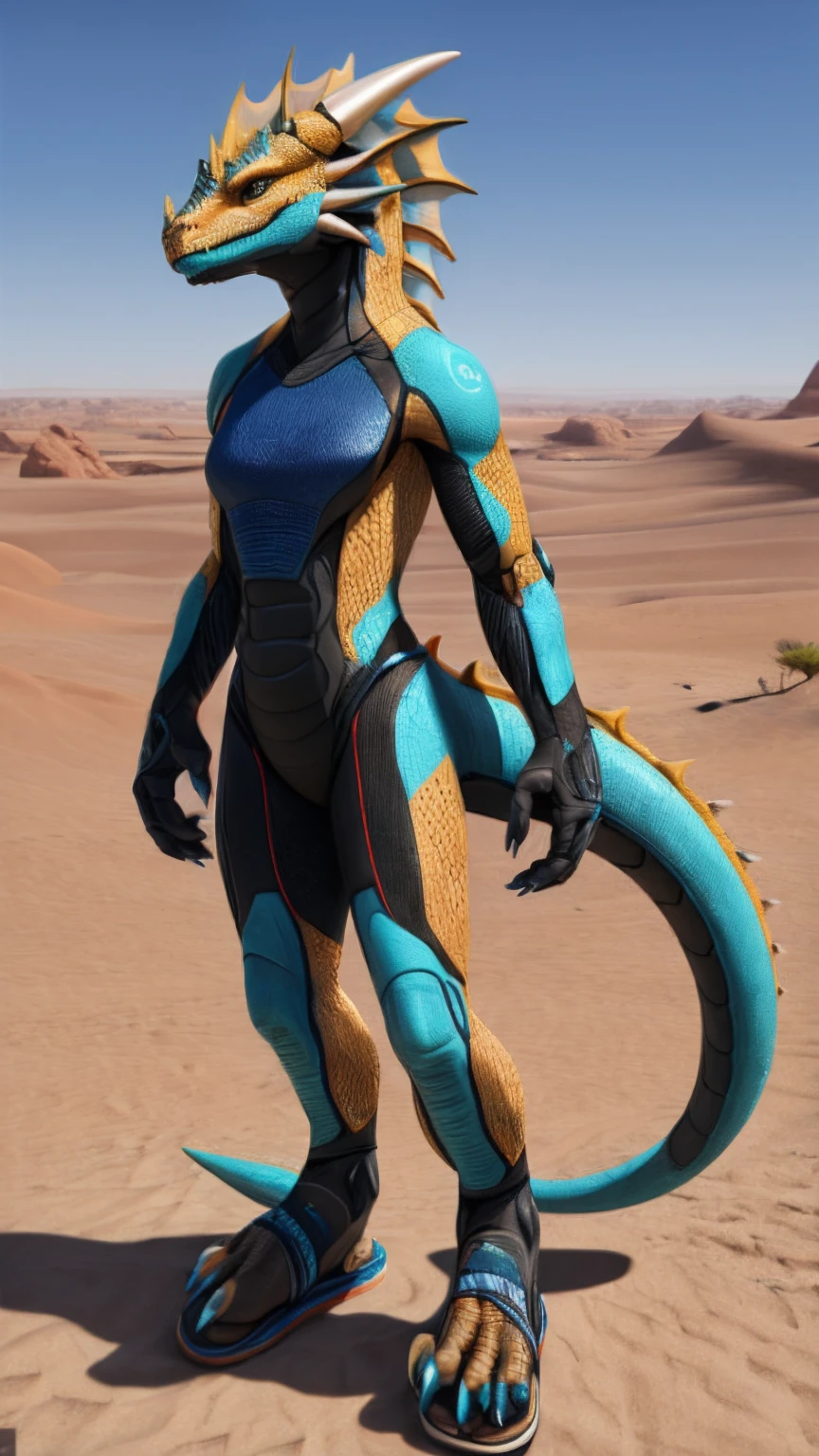 Bionic  dragon，female，Android，Red Lingeri，sandals，Standing in the desert，Bundled，HD graphics，Detailed and realistic，high detal，high qulity，photo-realistic，photorealistic eye，Detailed paws，Clear eyes，Masterpiece artwork，Five-fingered hands，top-quality，32k，hyper HD，cg art