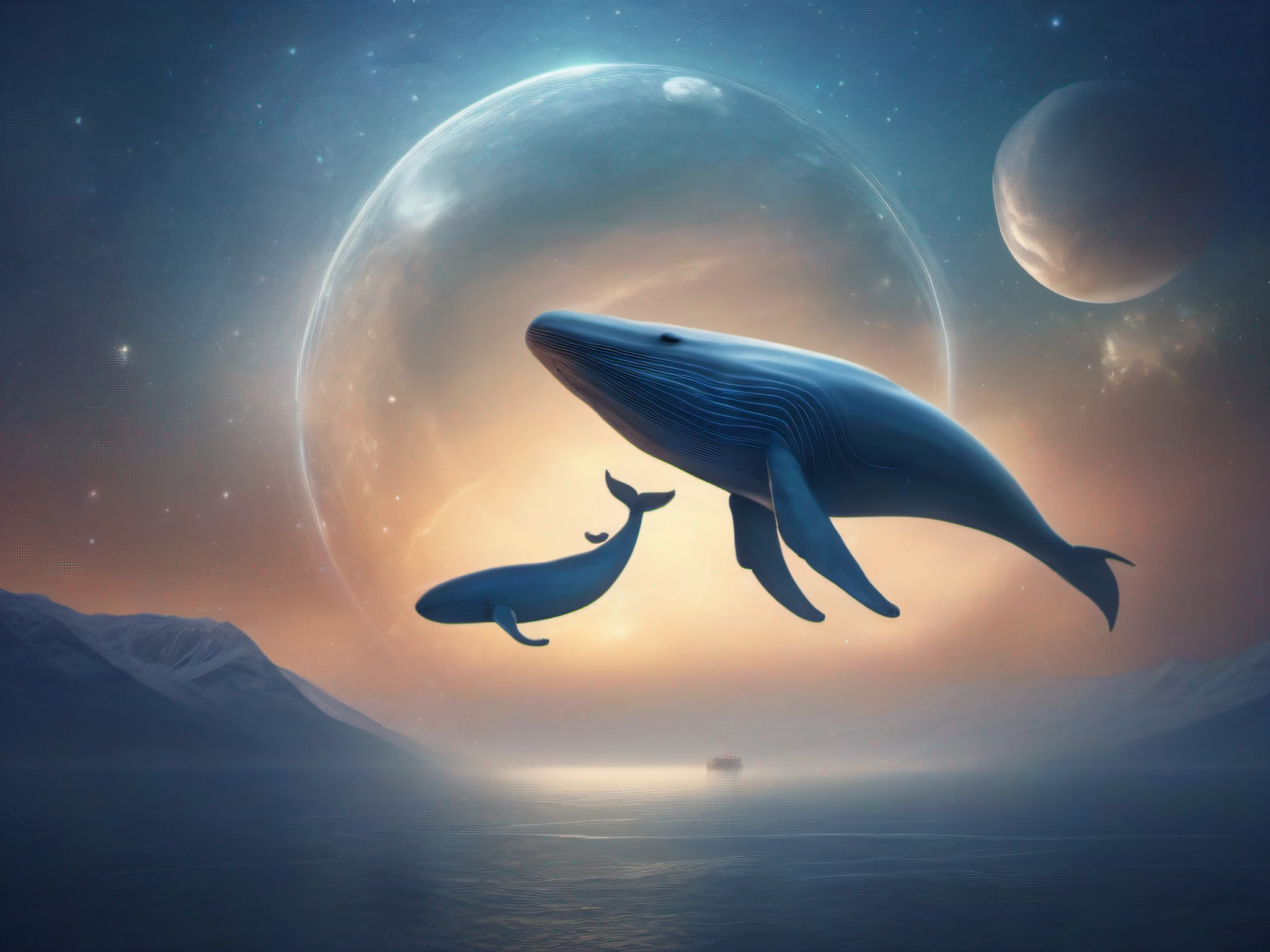 A Blue Whale and its calf surrounded by a blue mist swim in interstellar space. Small round planets floating in the interstellar sky in the distance. An extremely delicate and beautiful creation, espace interstellaire, nebula, glinting stars, horizon sans fin, voyage intergalactique captivant. Captured in the style of photography by Ilugram, panorama.