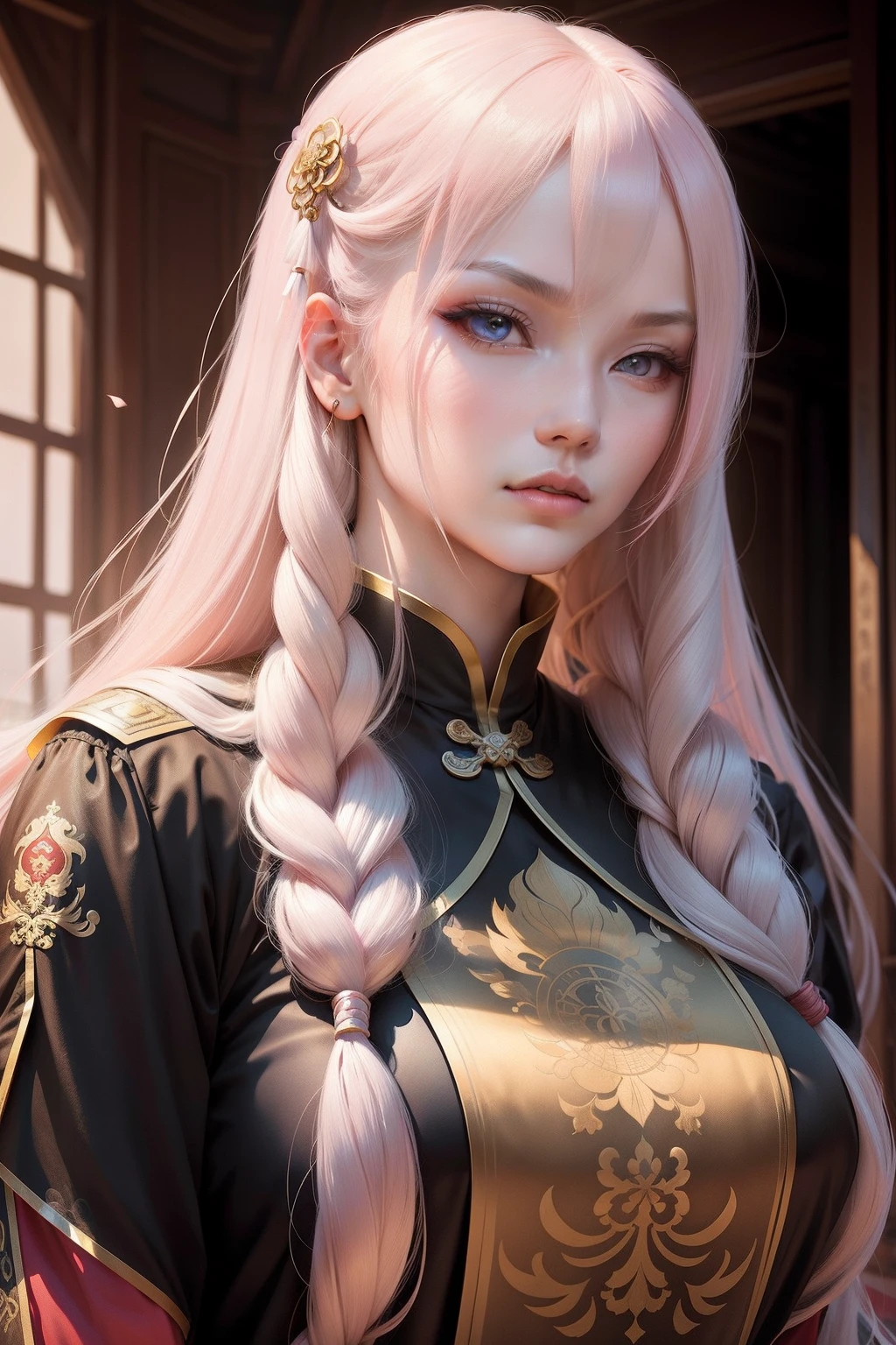 tmasterpiece,Need,Chinese Imperial Palace,China-style,Ancient China,1 woman,Woman with long yellow hair,pale pink lip,Cold,serious,effeminate,By bangs,light and shadow effect,Senran background
