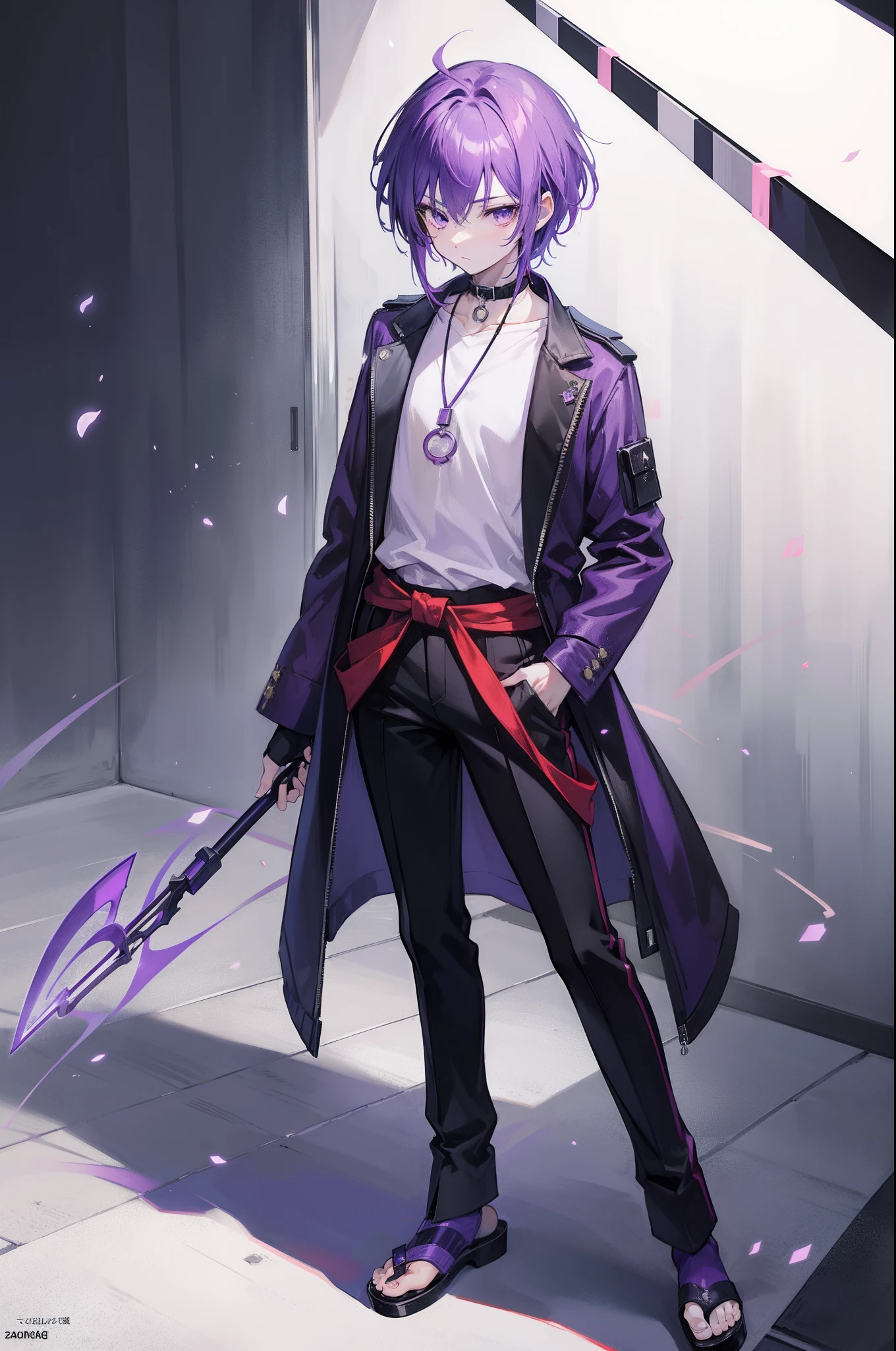 1boy, anime guy, short purple hair, purple eyes, wearing a short-sleeved violet shirt, black trousers, a short open purple jacket with black sleeves, brown sandal boots with white socks, a metal pendant around his neck, black fingerless gloves, red cloth tied around his waist, full body shot, badass anime 8K, purple-haired deity, best anime 4K konachan wallpaper, Dan heng portrait,