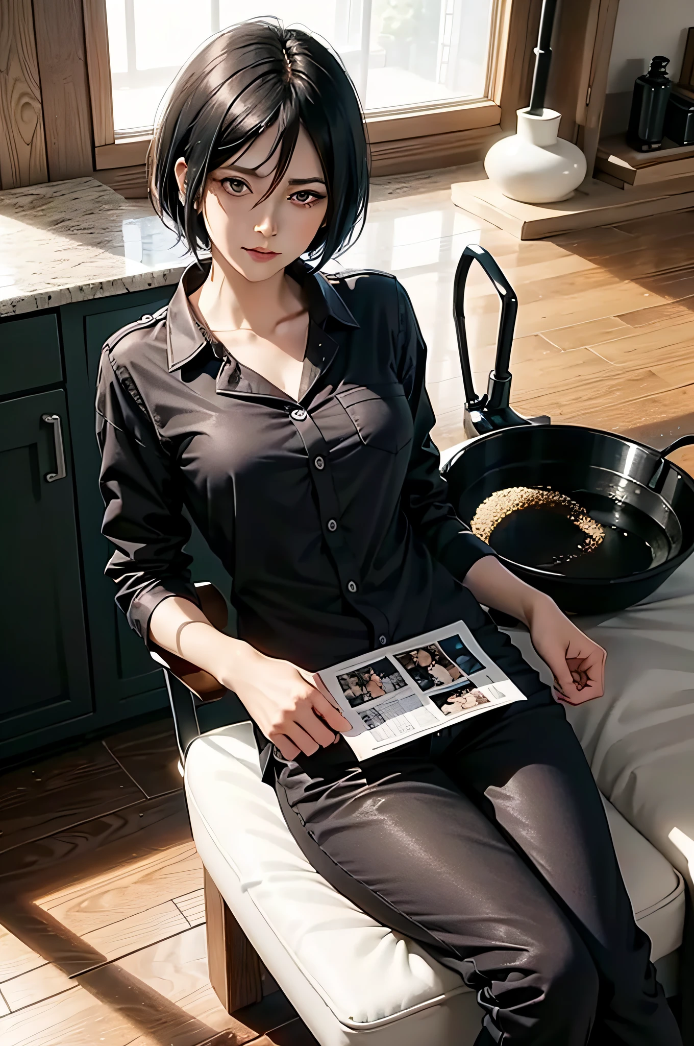 mikasa from anime Shingeki no Kyojin, short hair, black hair, ponytail, beautiful, beautiful woman, perfect body, perfect breasts, wearing black pajamas, pajamas, sleepwear, in the kitchen, clear kitchen, looking at the viewer with a slight smile, realism, masterpiece , textured leather, super detailed, high detail, high quality, best quality, 1080p, 16k