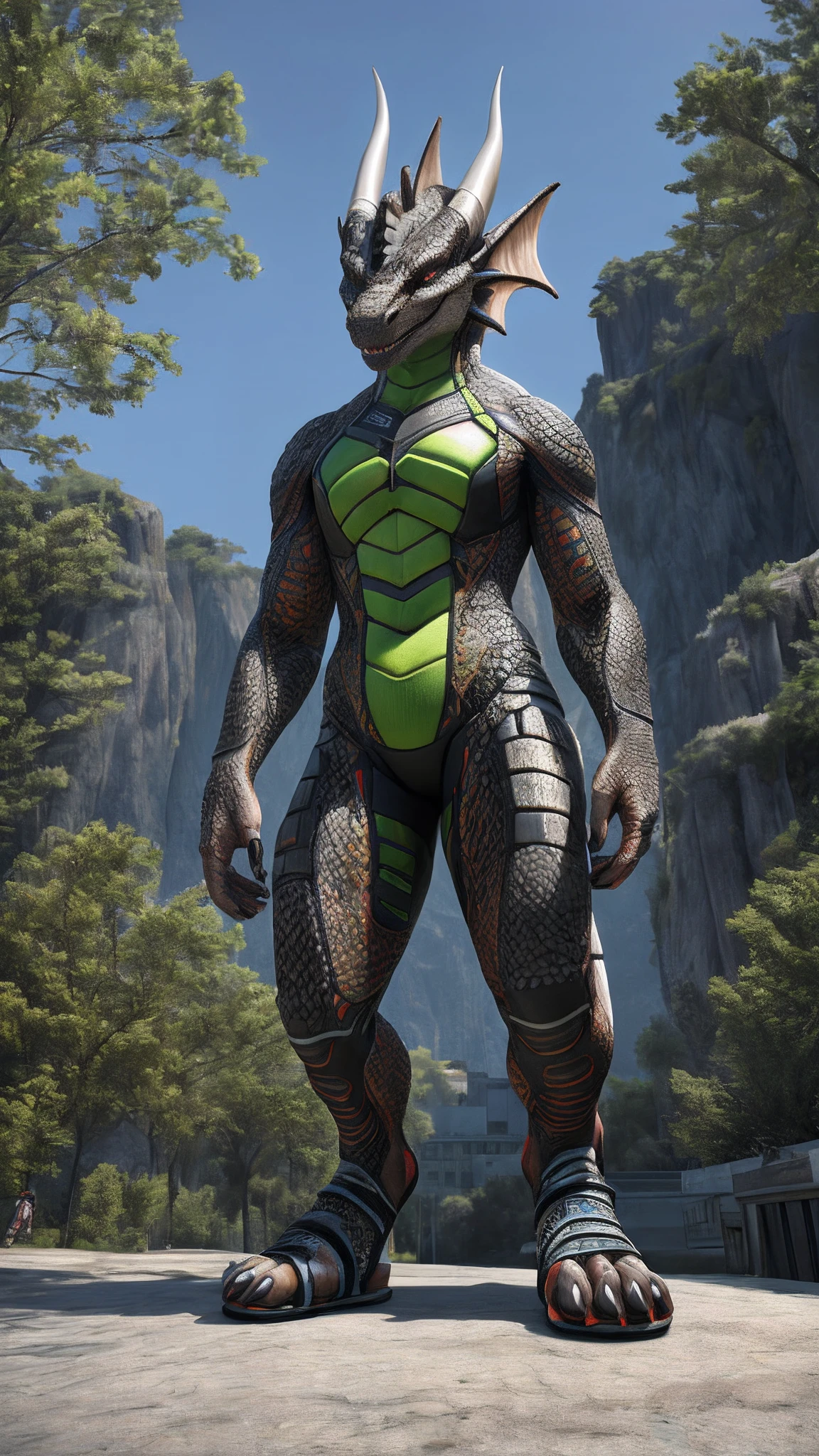 dragon,female,Android,Red Lingeri,sandals,Standing outside,Bundled,HD graphics,Detailed and realistic,high detal,high qulity,photo-realistic,photorealistic eye,Detailed paws,Clear eyes,Masterpiece artwork,Five-fingered hands,top-quality,32k,hyper HD,cg art