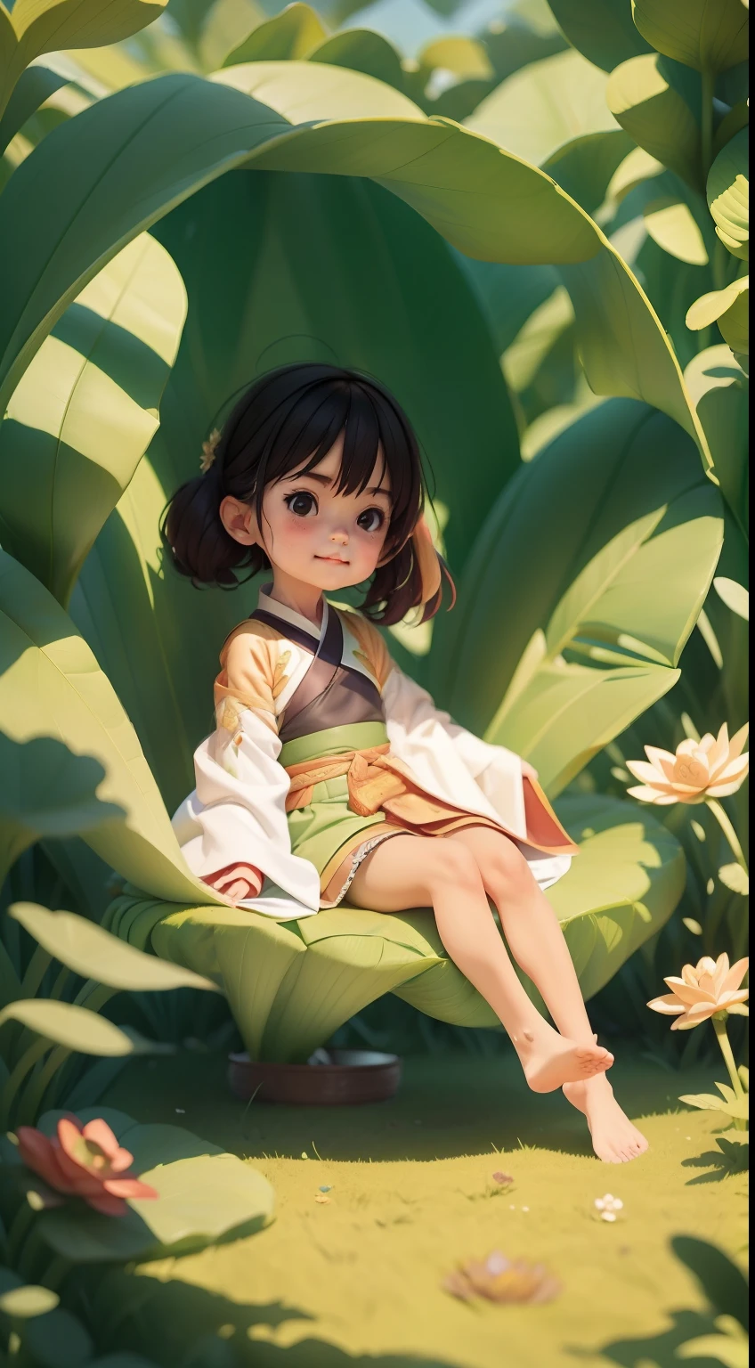 Pods full of lotus flowers, A little girl happily sits on the lotus leaves of a pod, Huge lotus leaf, Barefoot, Dressed in white and green Hanfu, Light and shadow, A masterpiece