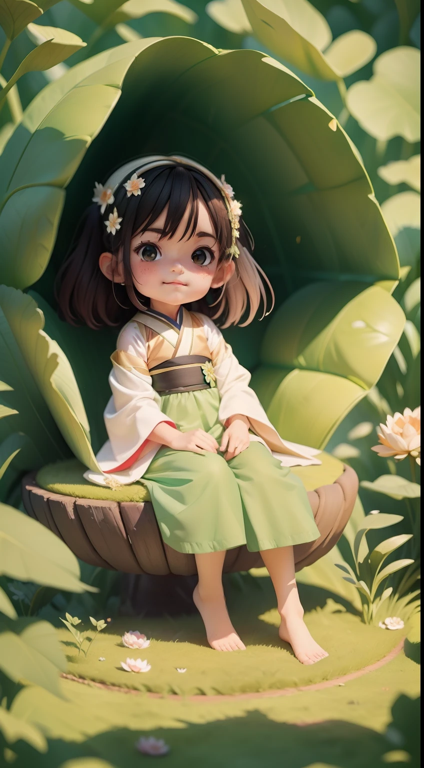 Pods full of lotus flowers, A happily sits on the lotus leaves of a pod, Huge lotus leaf, Barefoot, Dressed in white and green Hanfu, Light and shadow, A masterpiece
