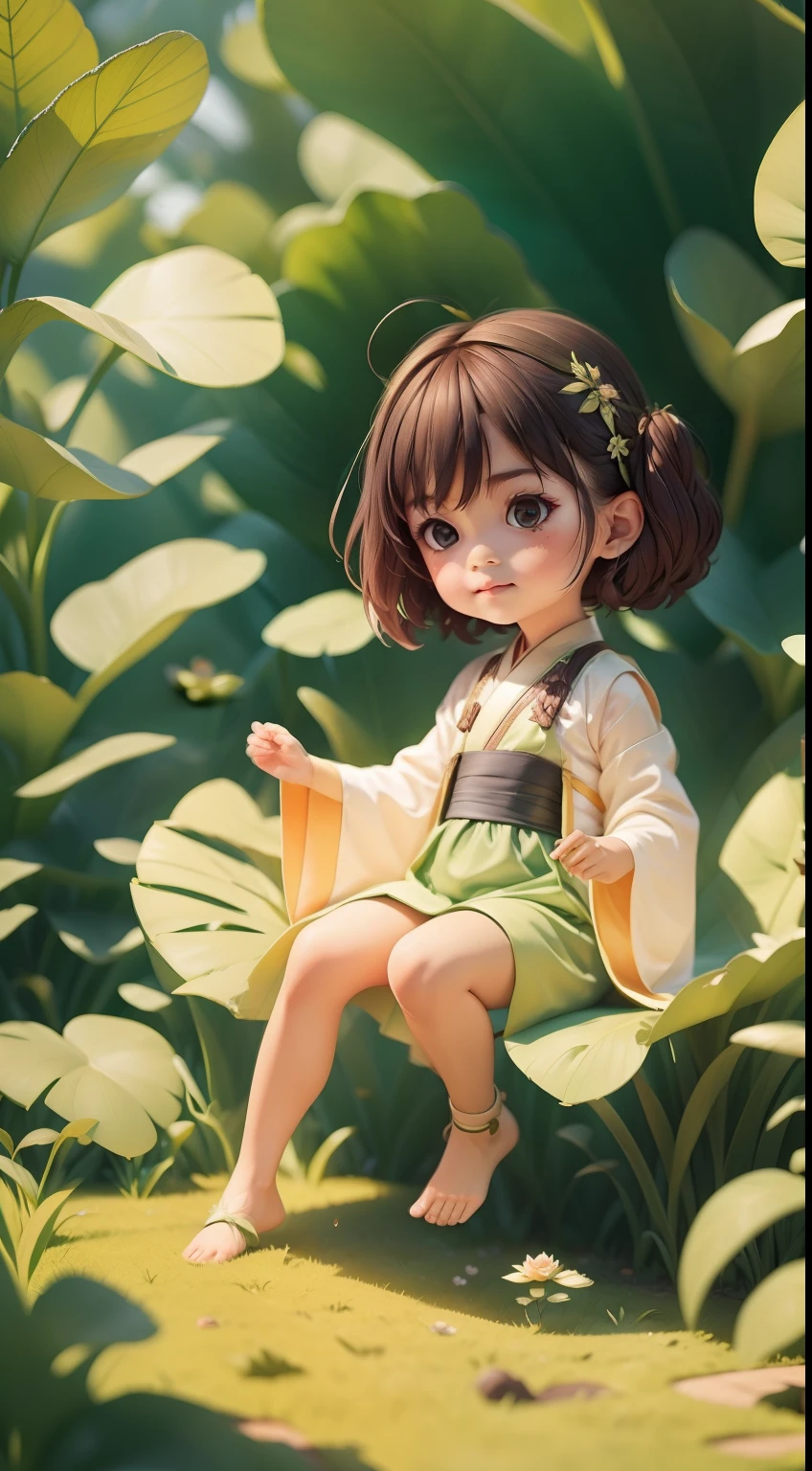 Pods full of lotus flowers, A little girl happily sits on the lotus leaves of a pod, Huge lotus leaf, Barefoot, Dressed in white and green Hanfu, Light and shadow, A masterpiece