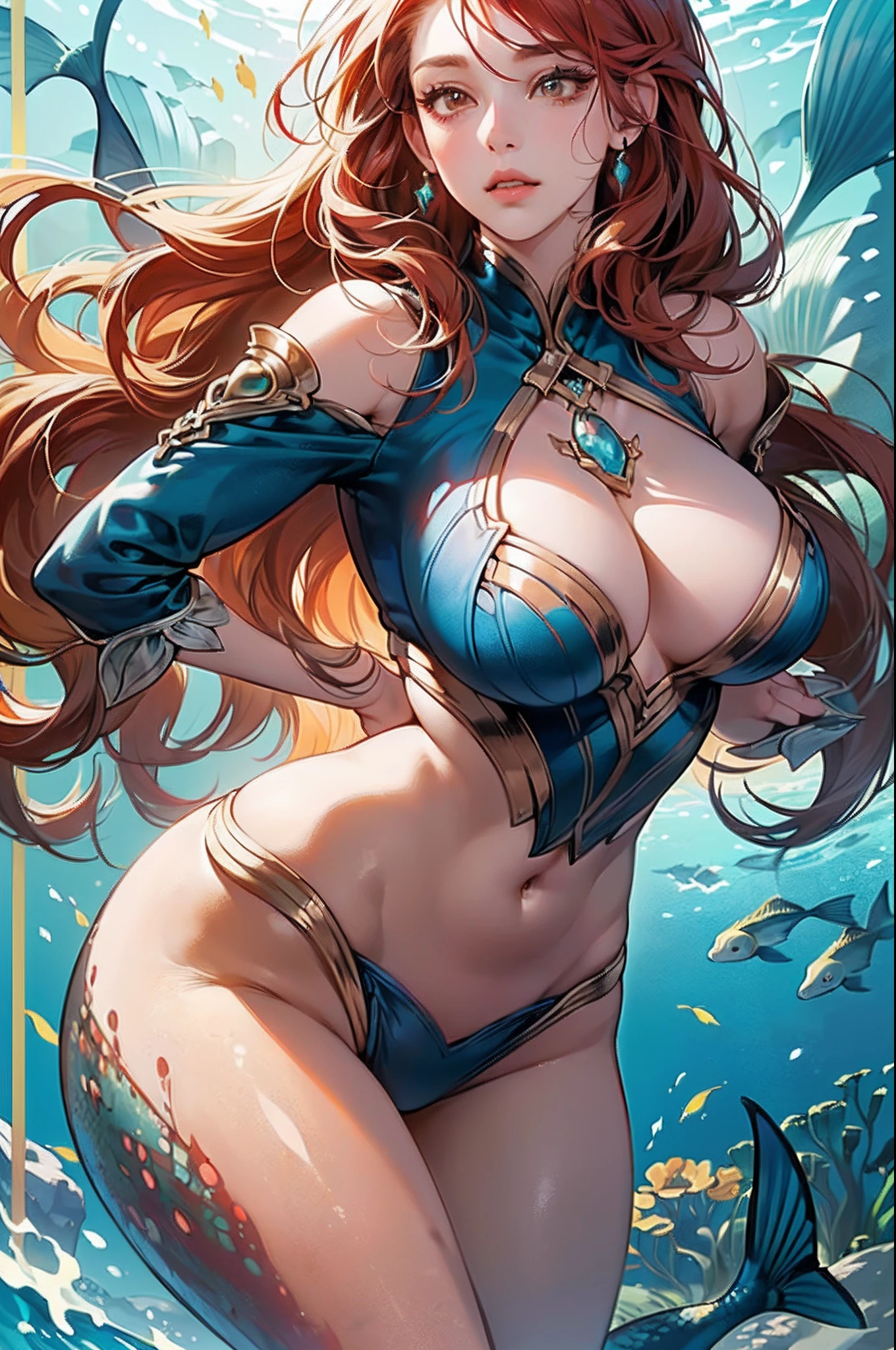 (((sensual, strong, attractive, curvaceous, powerful, tan skin female, mermaid,)))( red hair curly, bangs, long hair, (brown eyes, statuesque oblong-shaped face,vivacious eyes, tone, hourglass physique, long, toned legs.) character shot (masterpiece), (ultra-detailed), (perfect details), (extremely fine and beautiful), beautiful face, beautiful eyes, (detailed face, detailed eyes), detailed lip, shiny skin, oil skin, shiny hair, sense of depth, depth of field, dynamic angle, scenery, dramatic lighting, volumetric lighting, golden hour, dangerous::2 (lots of fish), ocean scene, underwater, ,(science ,fantasy),((magic, futuristic fantasy)) --auto --s2