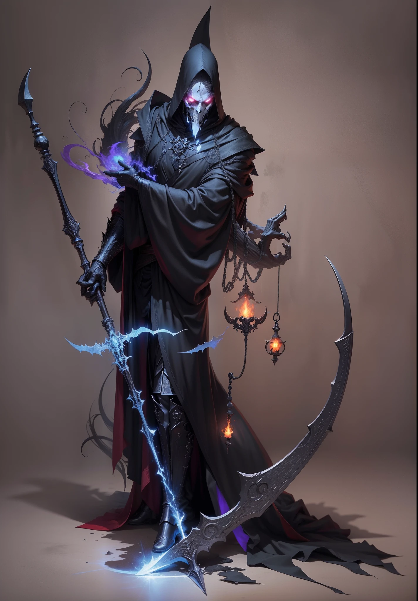 Close-up of a man in a black robe holding a scythe, beautiful male god of death, reaper of night!!!!, Lich Vikner (D&D), dark cloaked necromancer, the reaper as a scary, D & d lich, Reminds me of the Grim Reaper, shinigami, lolth, illithid, lich, shinigami，high quality 4k,highest  quality，Black tattered robe，The glasses glow red，The background image is white。